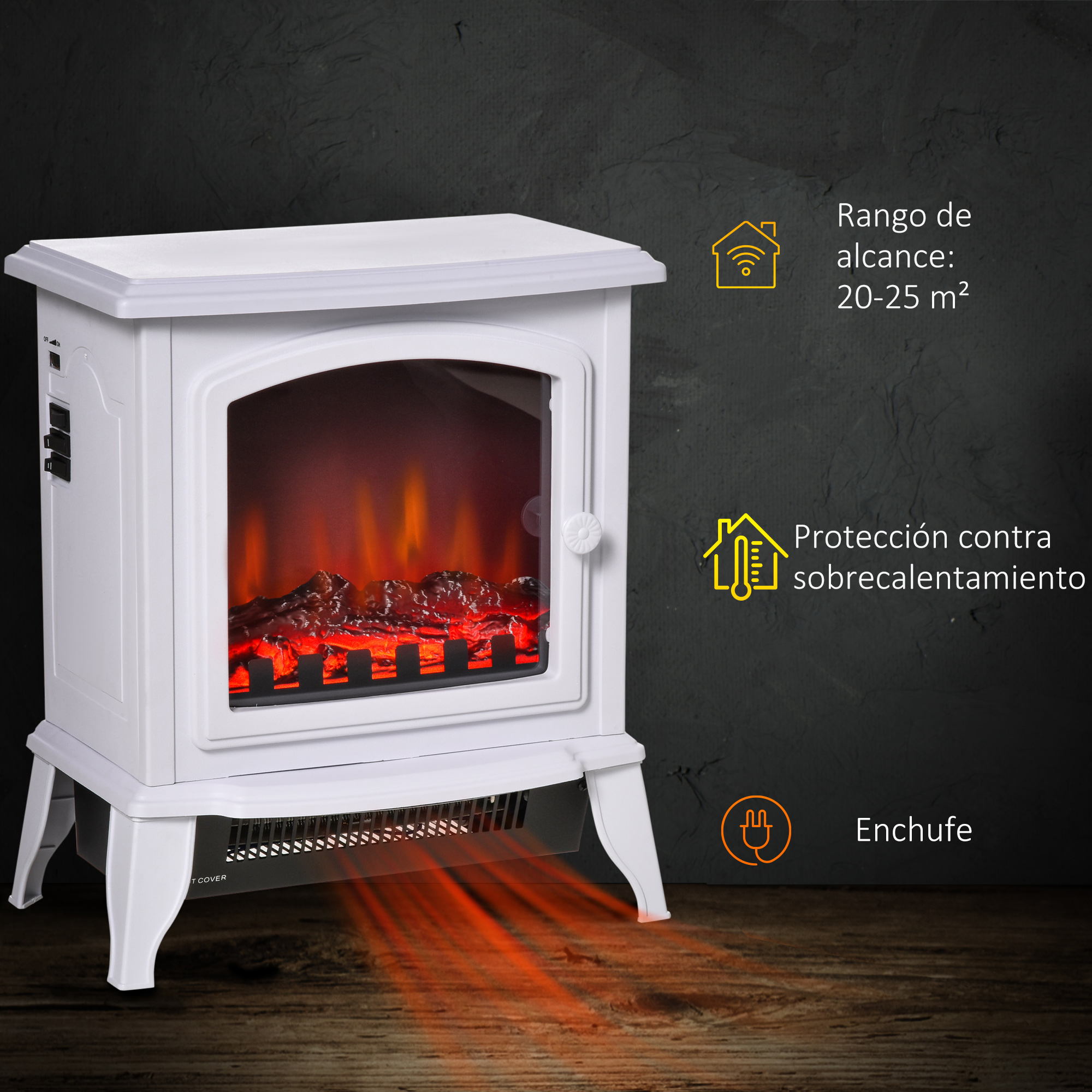 Una chimenea eléctrica blanca sobre una superficie de madera y fondo oscuro, mostrando iconos con texto en español.