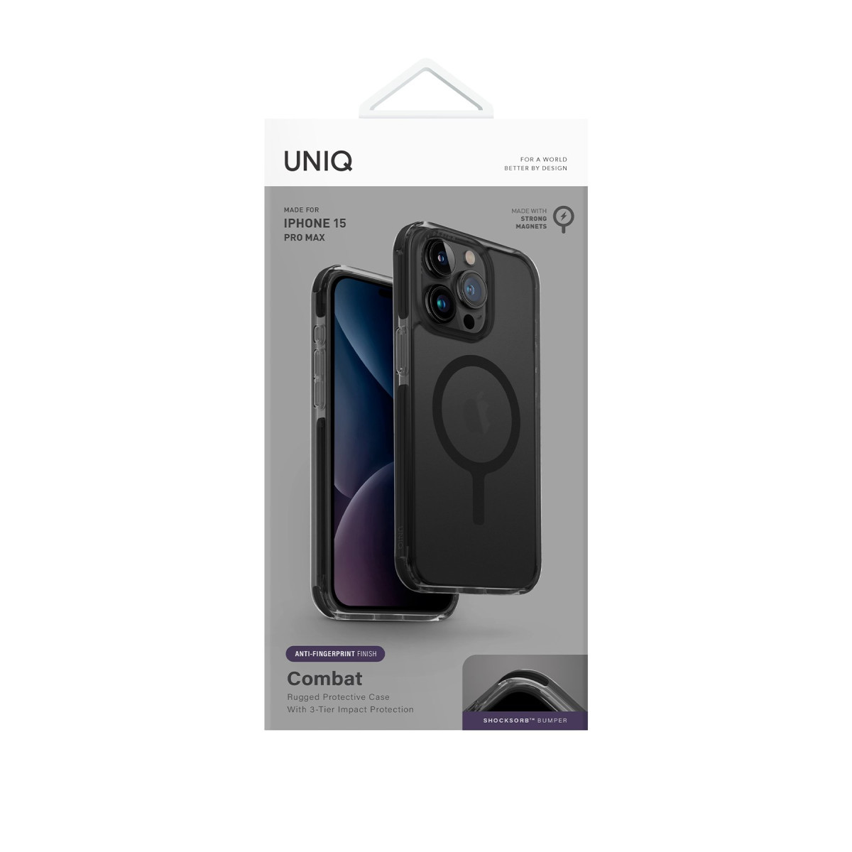 MagSafe özellikli Uniq Combat iPhone 15 Pro Max koruyucu kılıf ambalajı.