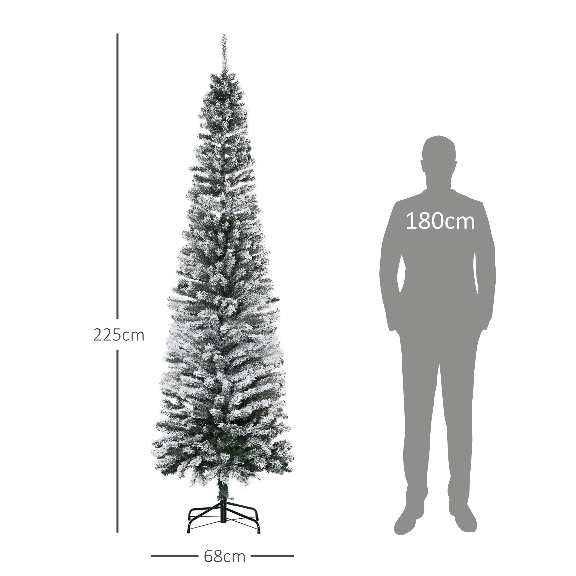 Árbol de Navidad artificial flocado de nieve, 225 cm de alto, con una silueta humana de 180 cm para escala.