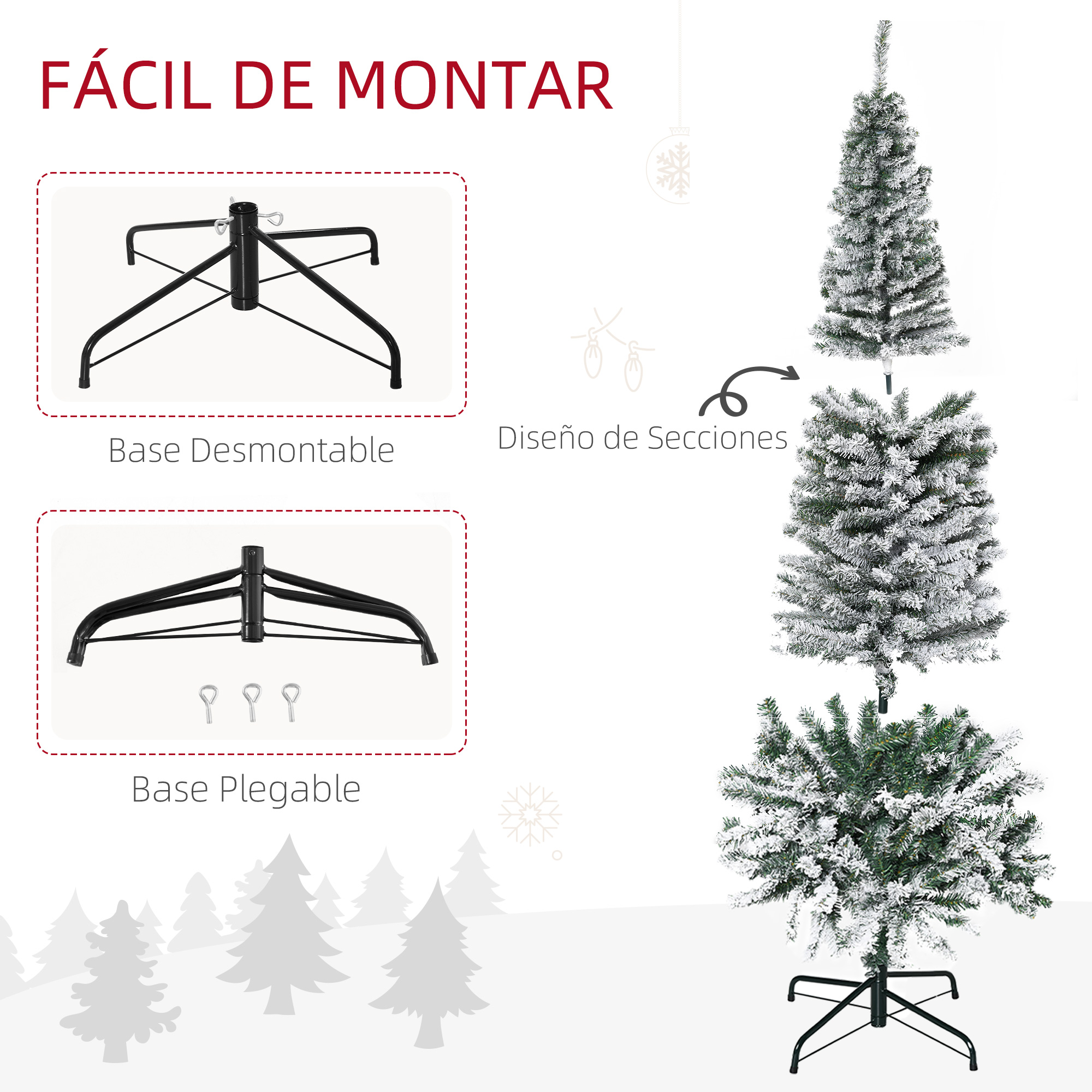 Árbol de navidad artificial flocado de nieve fácil de montar con soporte metálico plegable.