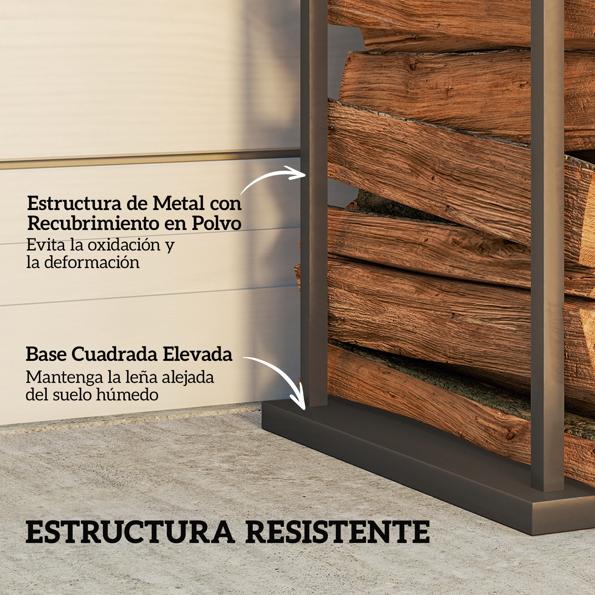 Resistente leñero de metal con marco con recubrimiento en polvo y base cuadrada elevada sobre suelo de hormigón.