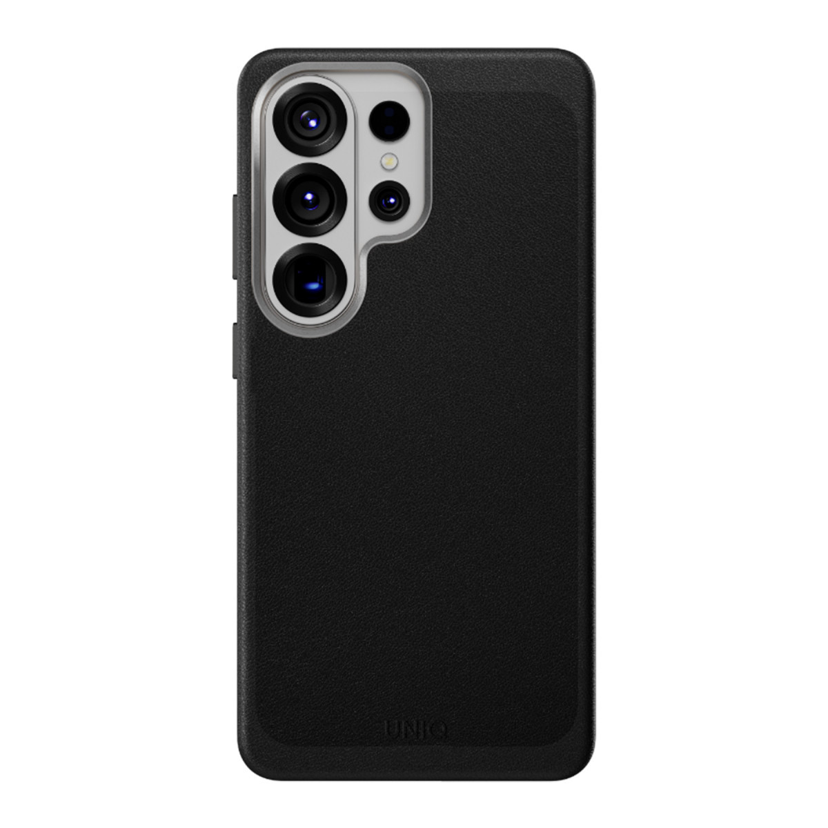 Dört kamera için kesiklere ve altta marka logosuna sahip siyah koruyucu akıllı telefon kılıfı.