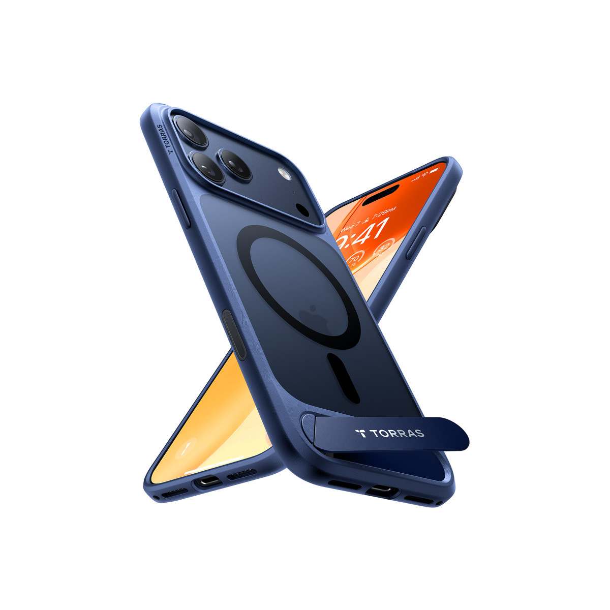 Beyaz arka planda, dahili standlı ve mıknatıslı halkalı kılıflar içinde iki mavi akıllı telefon.