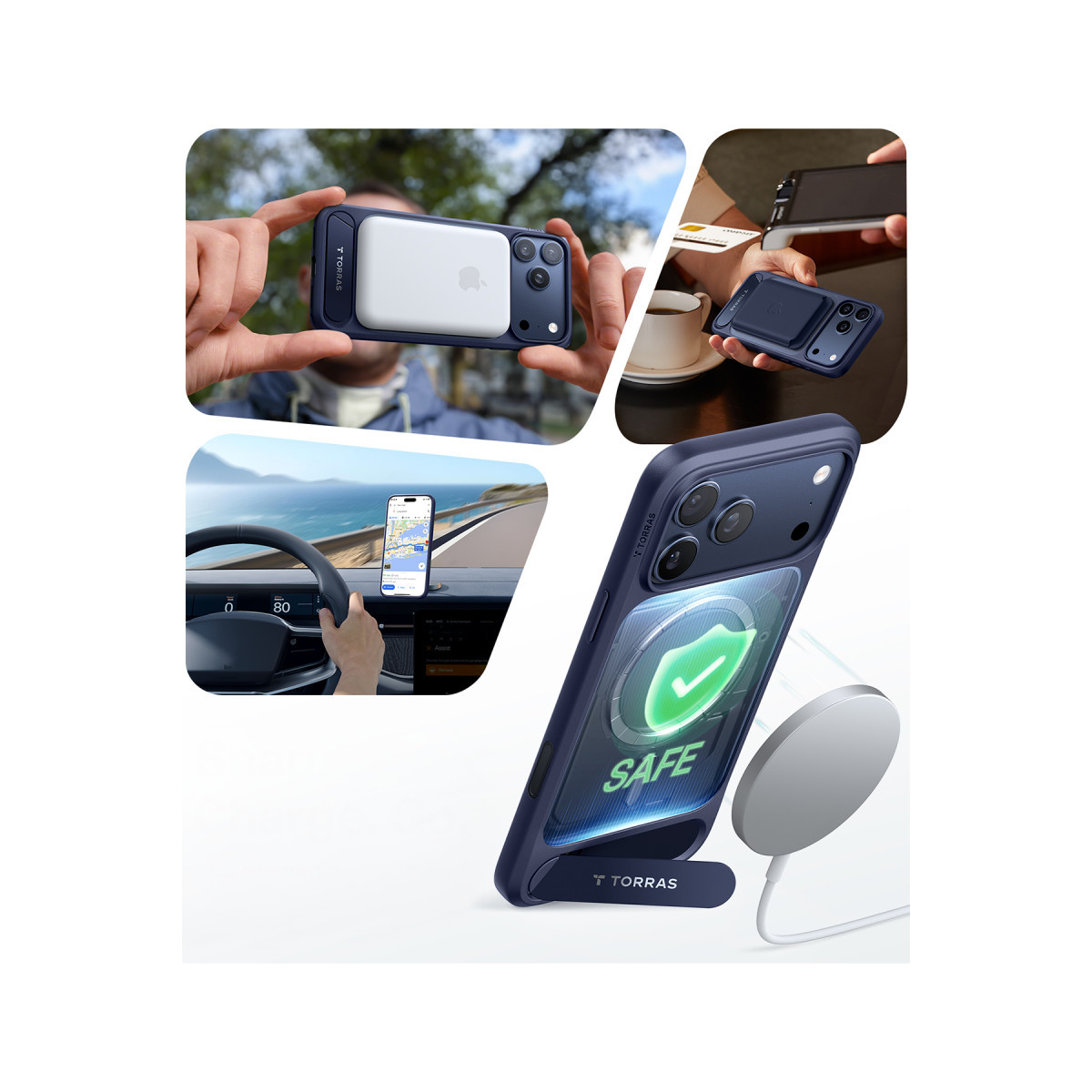 Standlı, manyetik cüzdanlı ve kablosuz şarj cihazlı mavi telefon kılıfı.