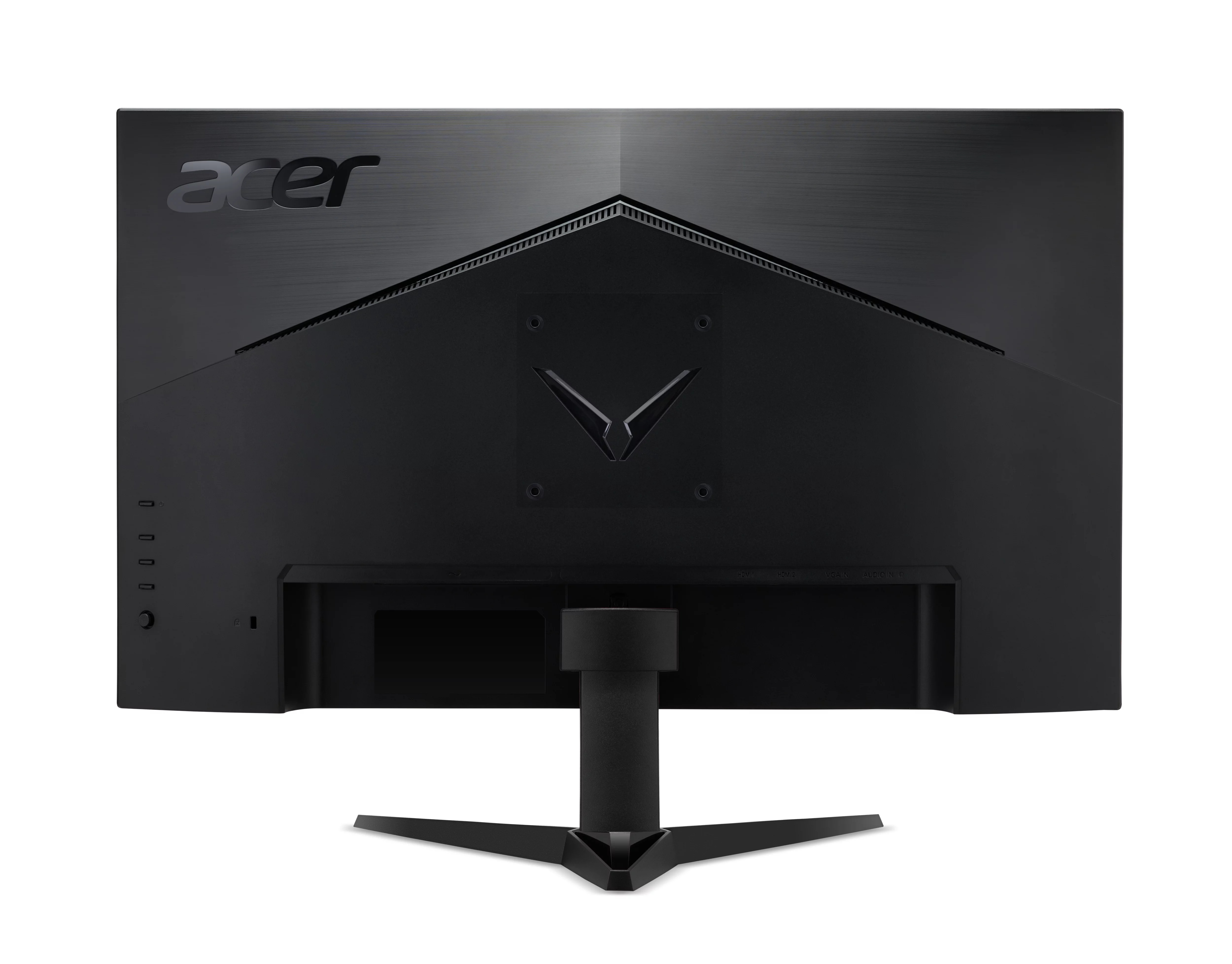 Rückansicht eines schwarzen Acer-Computermonitors mit V-förmigem Standfuß und Anschlüssen links.