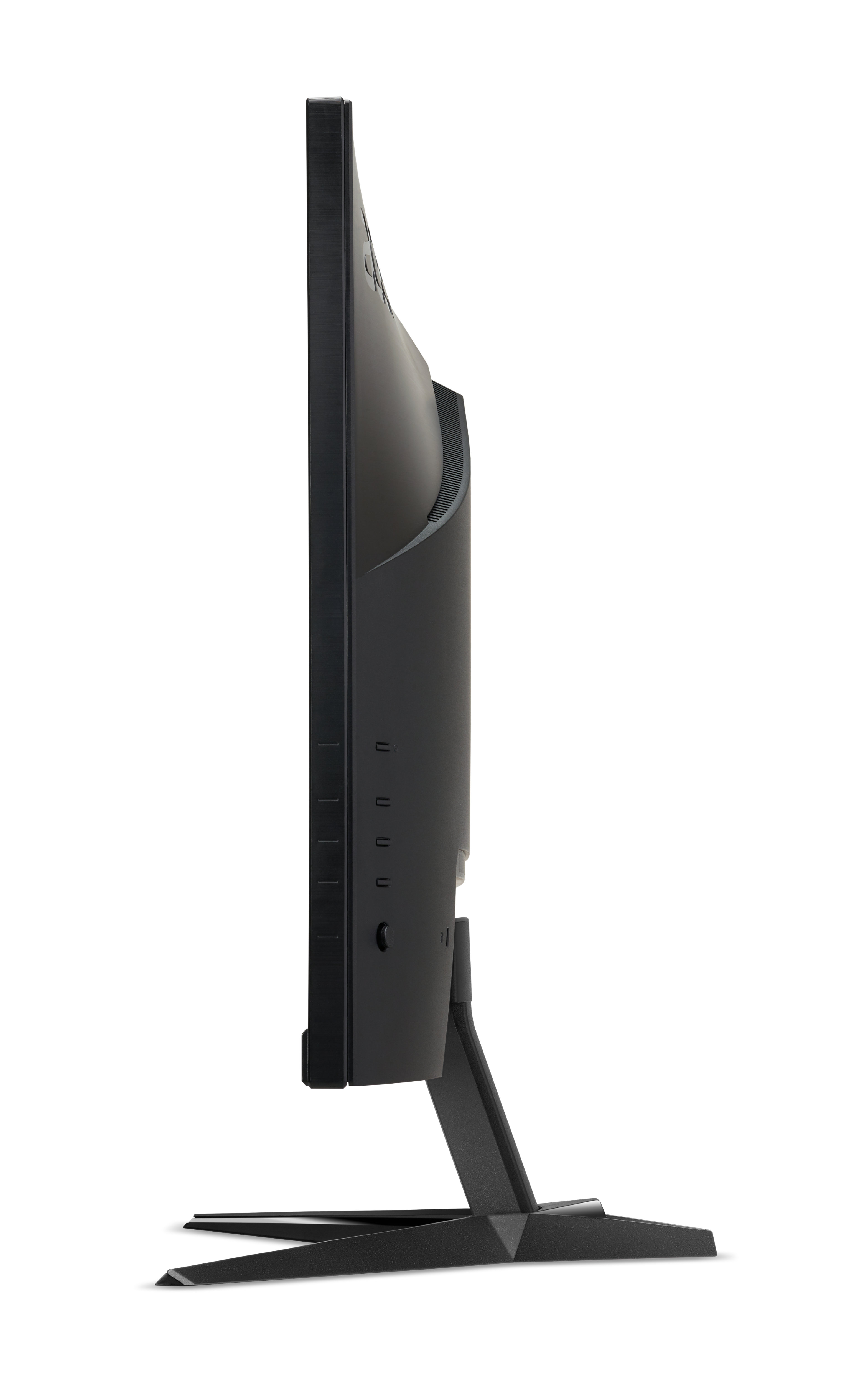 Seitenansicht eines schwarzen Computermonitors auf einem Standfuß vor weißem Hintergrund.