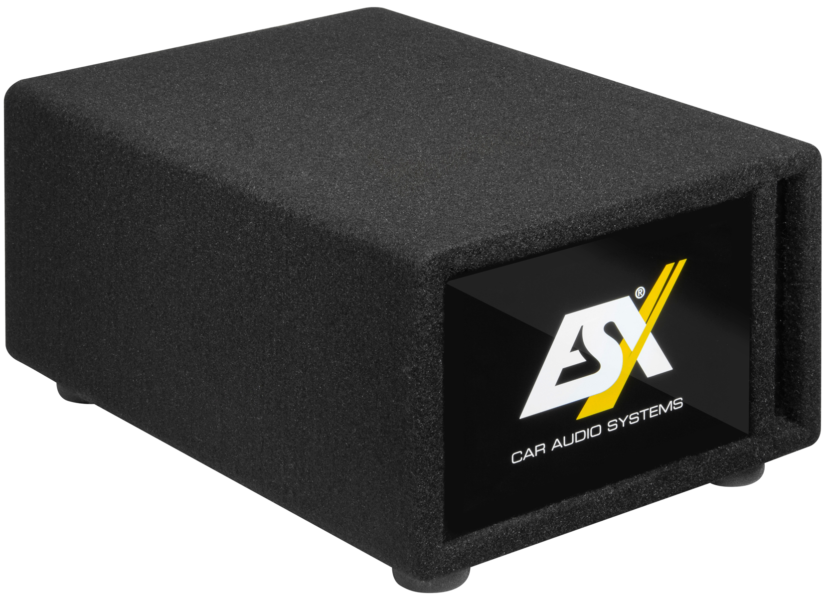 Schwarze Car-Audio-Systeme Subwoofer-Box mit weiß-gelbem ESX-Logo auf weißem Hintergrund.