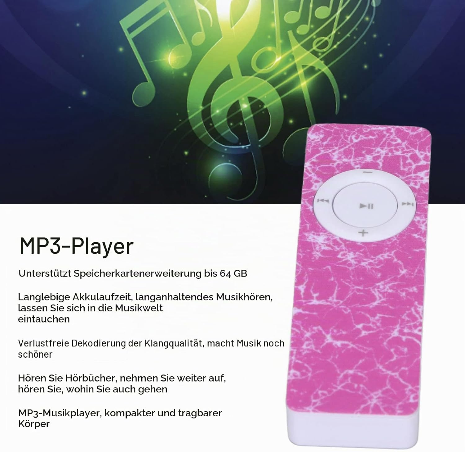 Ein pinker MP3-Player mit weißem Bedienfeld vor grünem Musiknoten-Hintergrund und deutschem Text.
