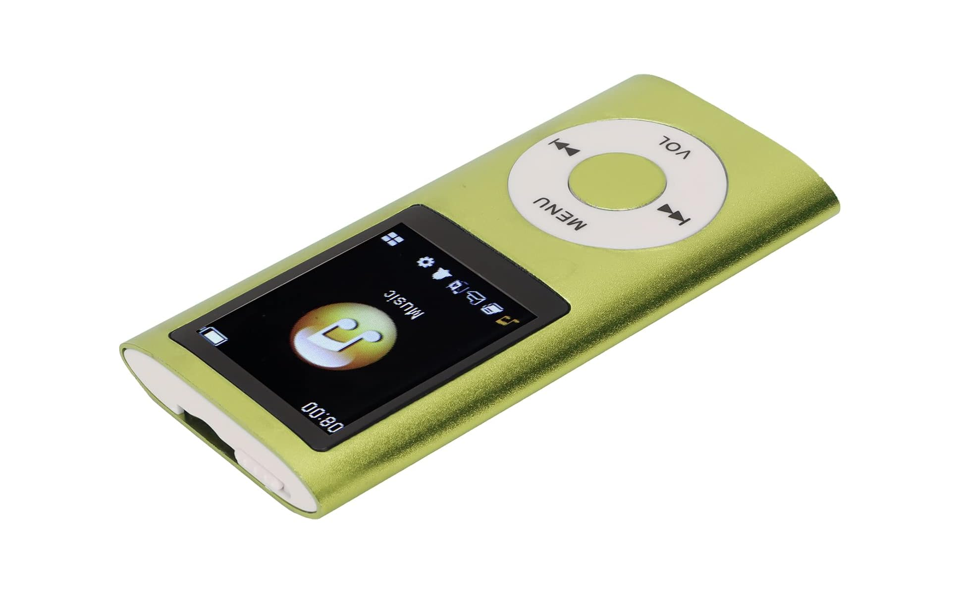 Ein grüner MP3-Player mit weißem Steuerungsrad und einem Farbdisplay auf einem weißen Hintergrund.