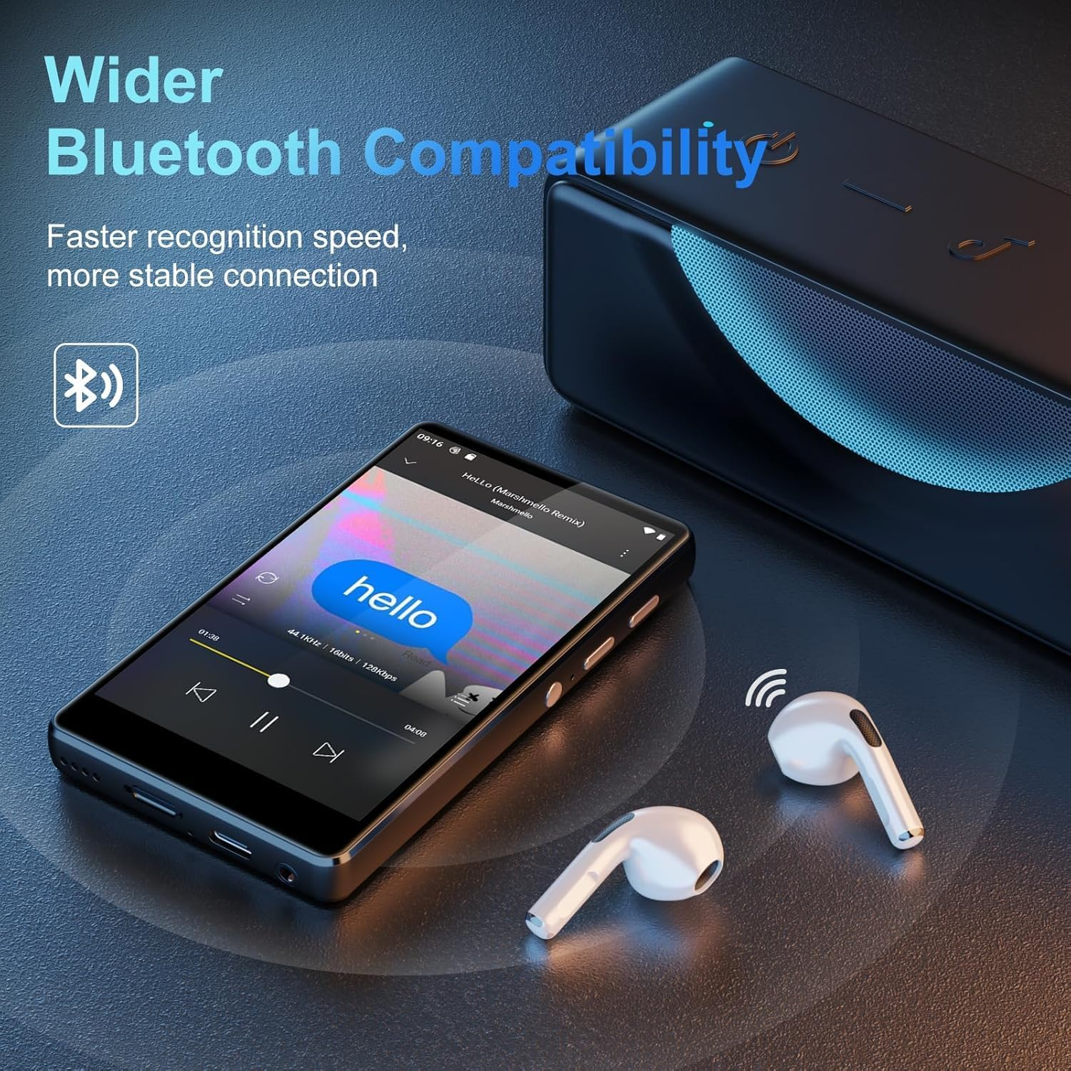 Smartphone, weiße Ohrstöpsel und ein schwarzer Bluetooth-Lautsprecher vor blauem Hintergrund mit Text.