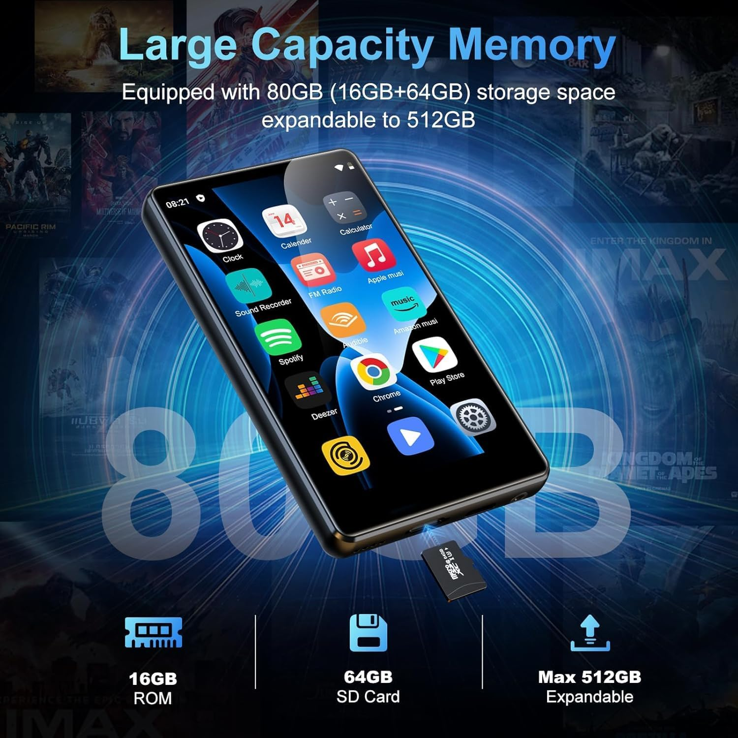 Ein schwarzer Media-Player mit Apps, eingelegter SD-Karte und Text, der den 80-GB-Speicher hervorhebt.