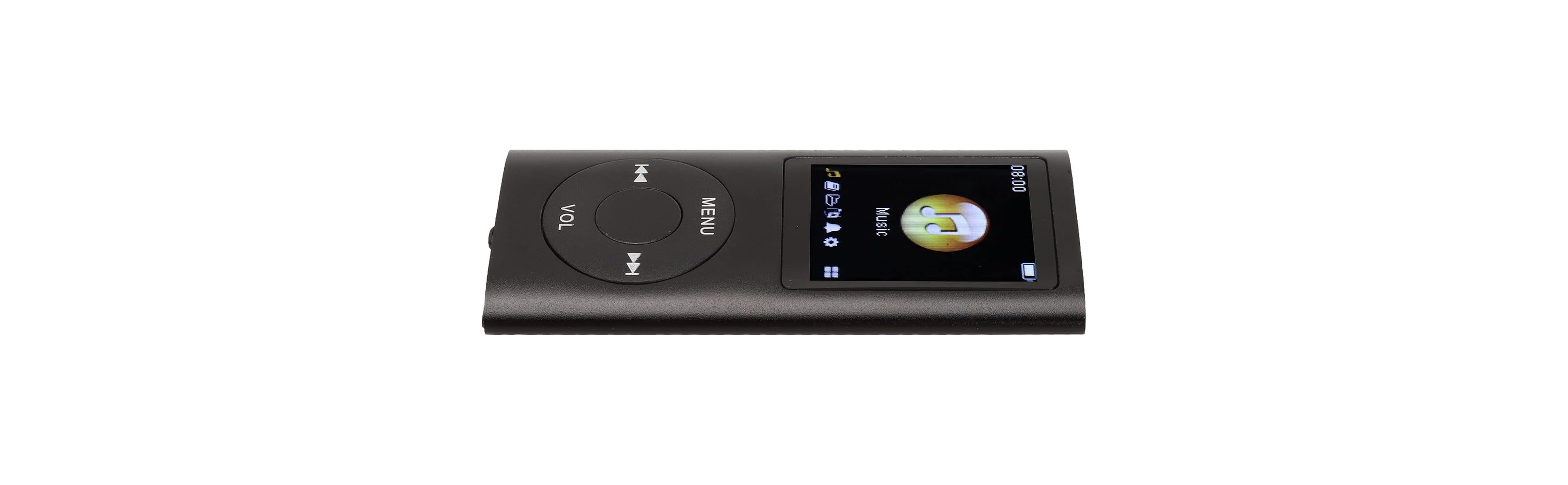 Ein schwarzer MP3-Player mit rundem Steuerungspad und Farbdisplay zeigt ein Musiksymbol auf weißem Hintergrund.