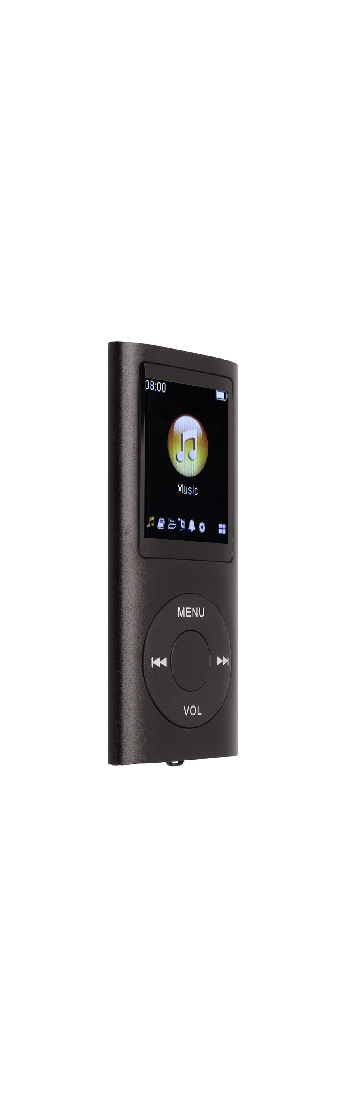 Ein schwarzer MP3-Player mit einem farbigen Bildschirm, der das Musikmenü und Steuertasten anzeigt.