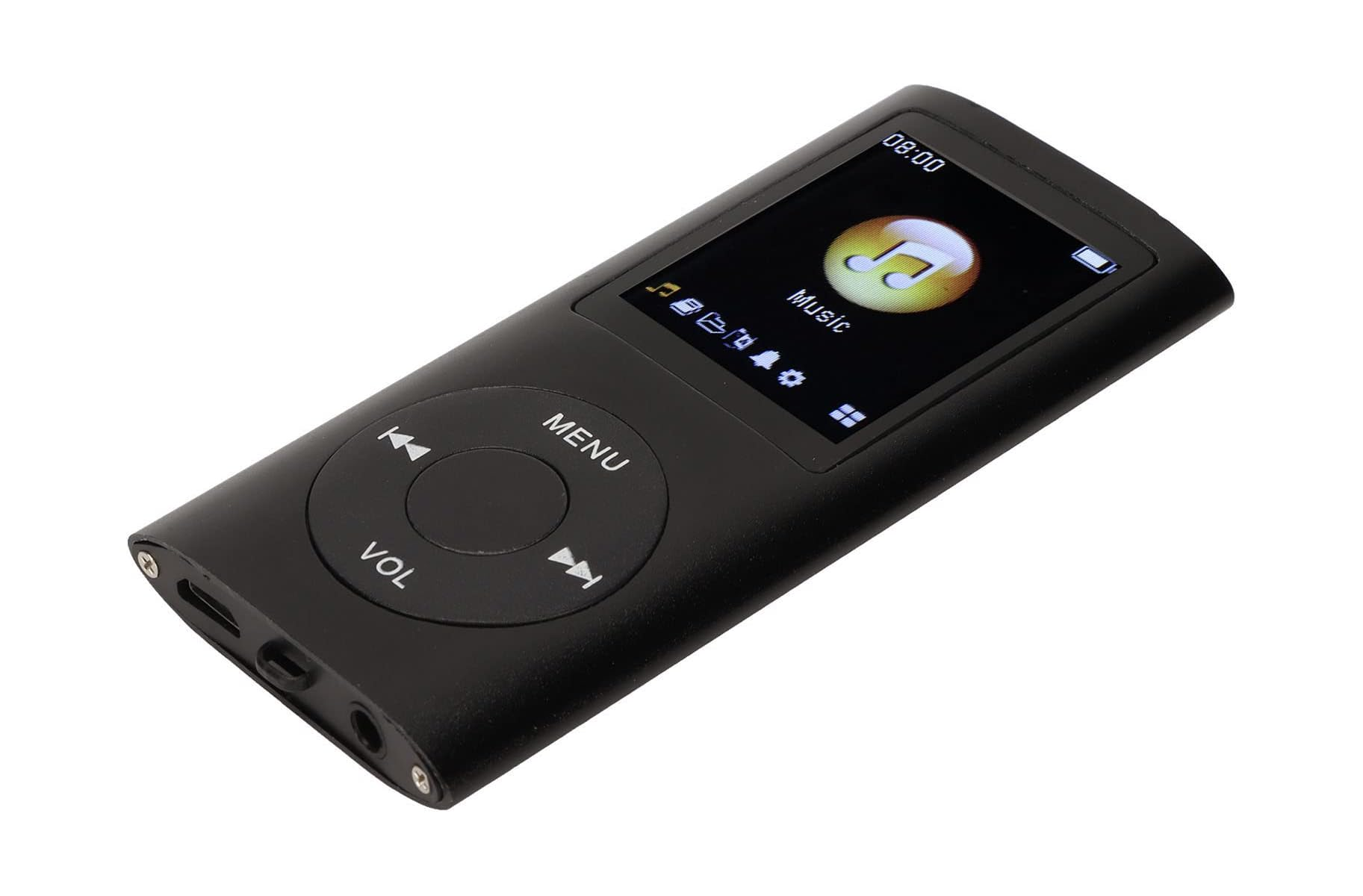 Ein schwarzer MP3-Player mit Farbdisplay und kreisrunden Navigationstasten auf einer weißen Oberfläche.