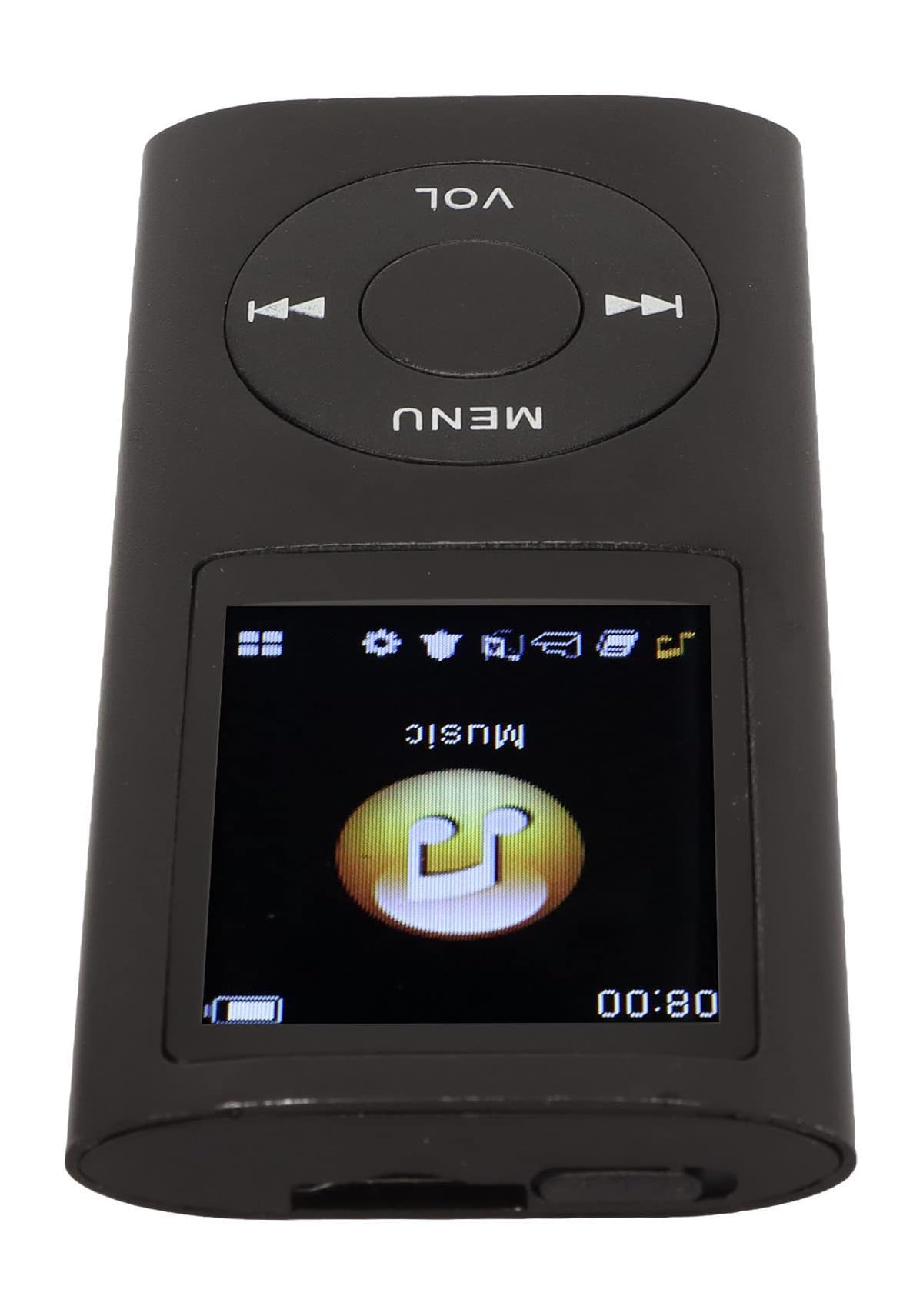 Schwarzer MP3-Player mit runden Steuerelementen und einem beleuchteten Bildschirm, der ein Musiksymbol anzeigt.