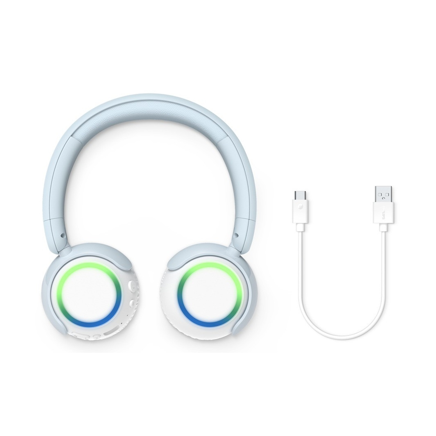 Hellblaue kabellose On-Ear-Kopfhörer mit bunten LED-Lichtringen an den Muscheln und einem weißen Ladekabel auf weißem Hintergrund.