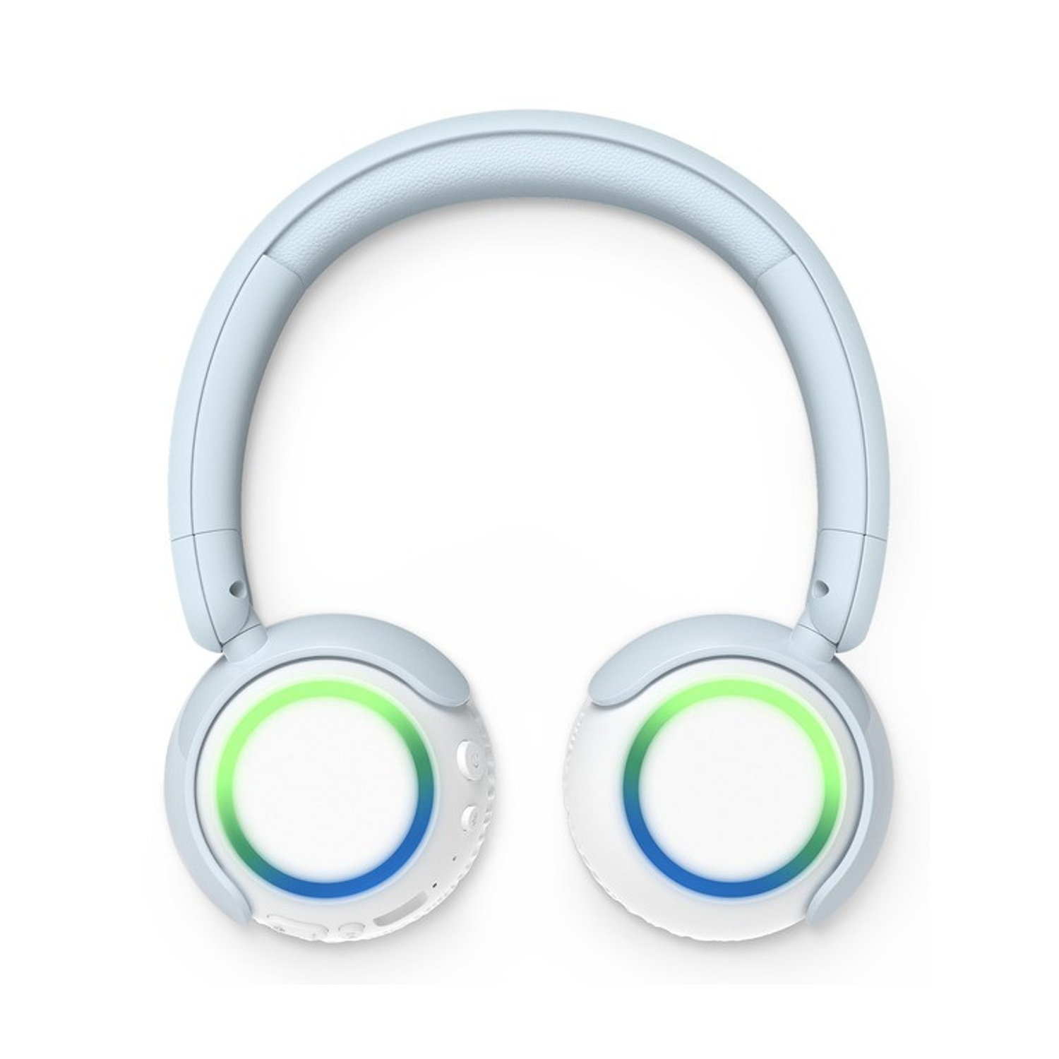 Hellblaue Over-Ear-Kopfhörer mit kreisförmiger blau-grüner LED-Beleuchtung an den Ohrmuscheln auf weißem Hintergrund.
