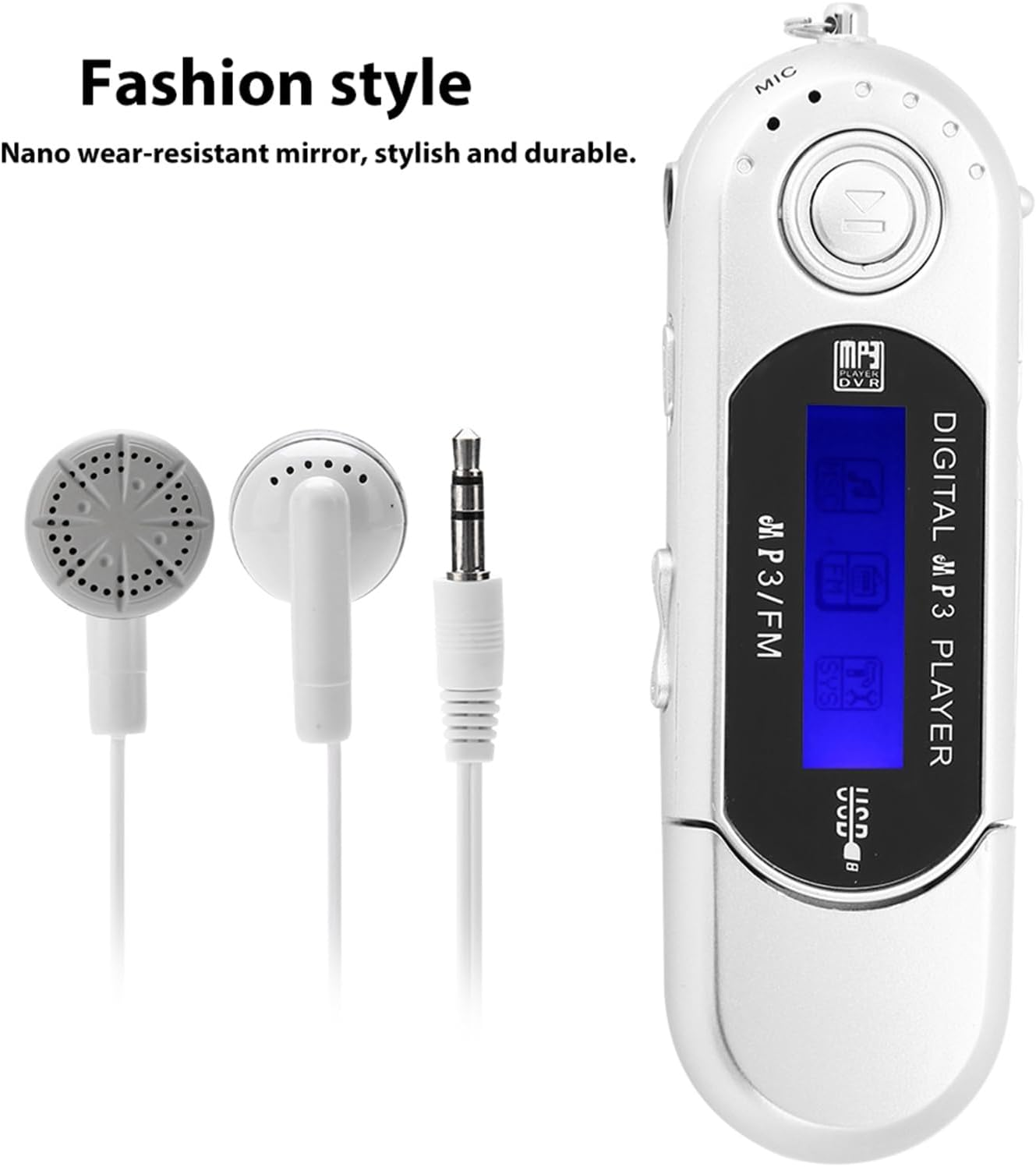 Ein weißer digitaler MP3-Player mit blauem Bildschirm und passenden weißen Kopfhörern.