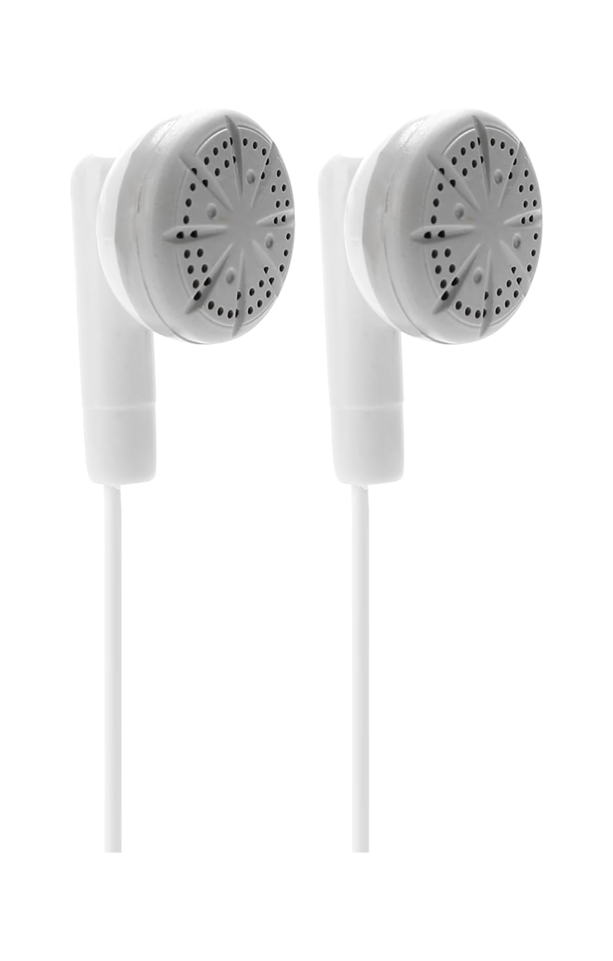 Zwei weiße In-Ear-Kopfhörer mit Kabel vor weißem Hintergrund.