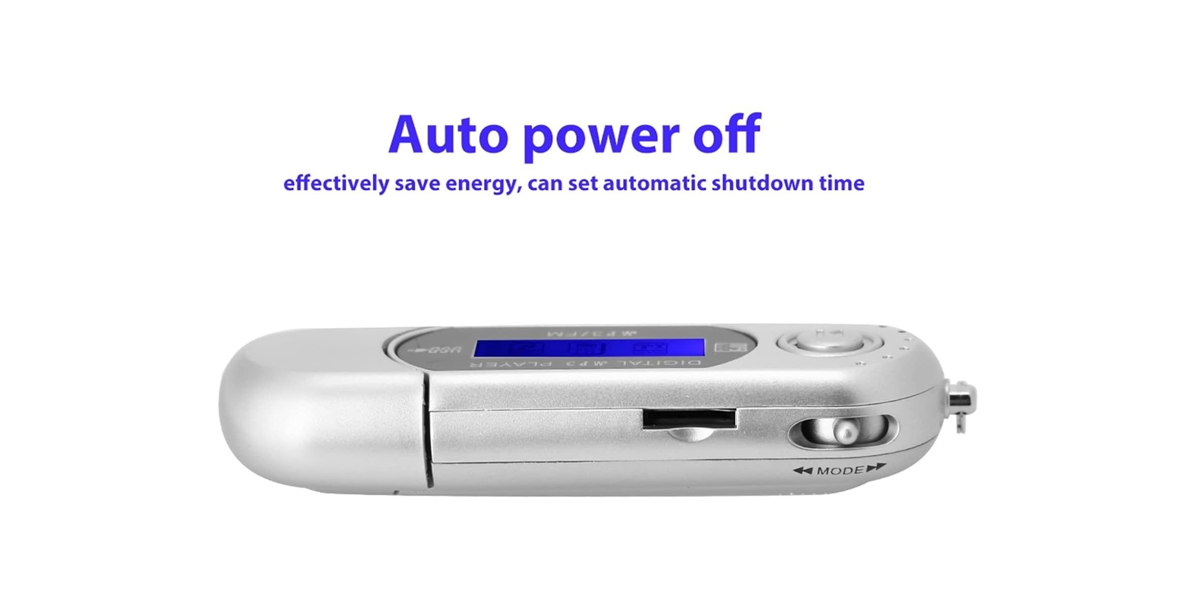 Silberner MP3-Player mit blauem Display und der Aufschrift Auto power off auf weißem Hintergrund.