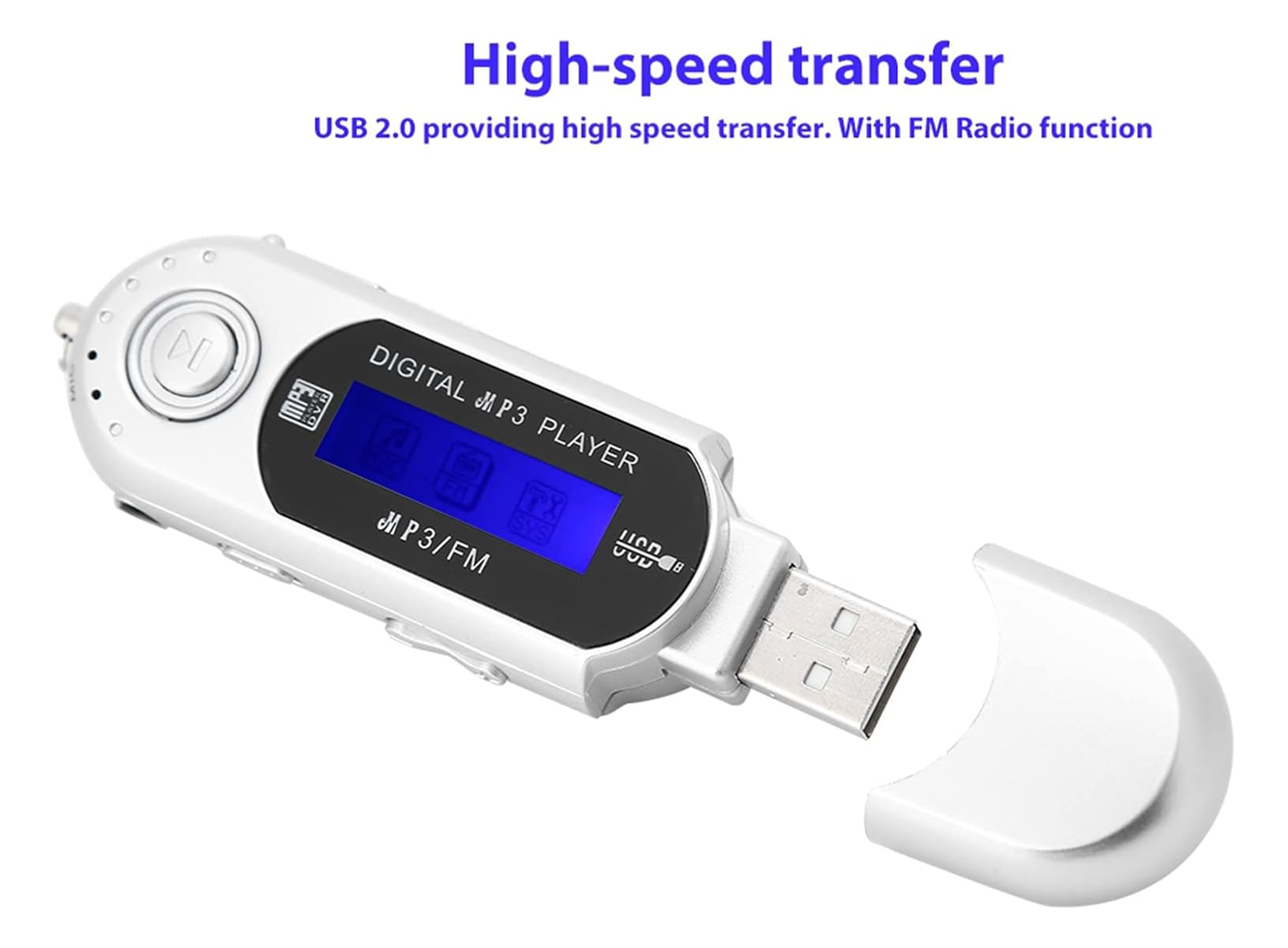 Silberner digitaler MP3-Player mit USB-Anschluss und blauer Anzeige.