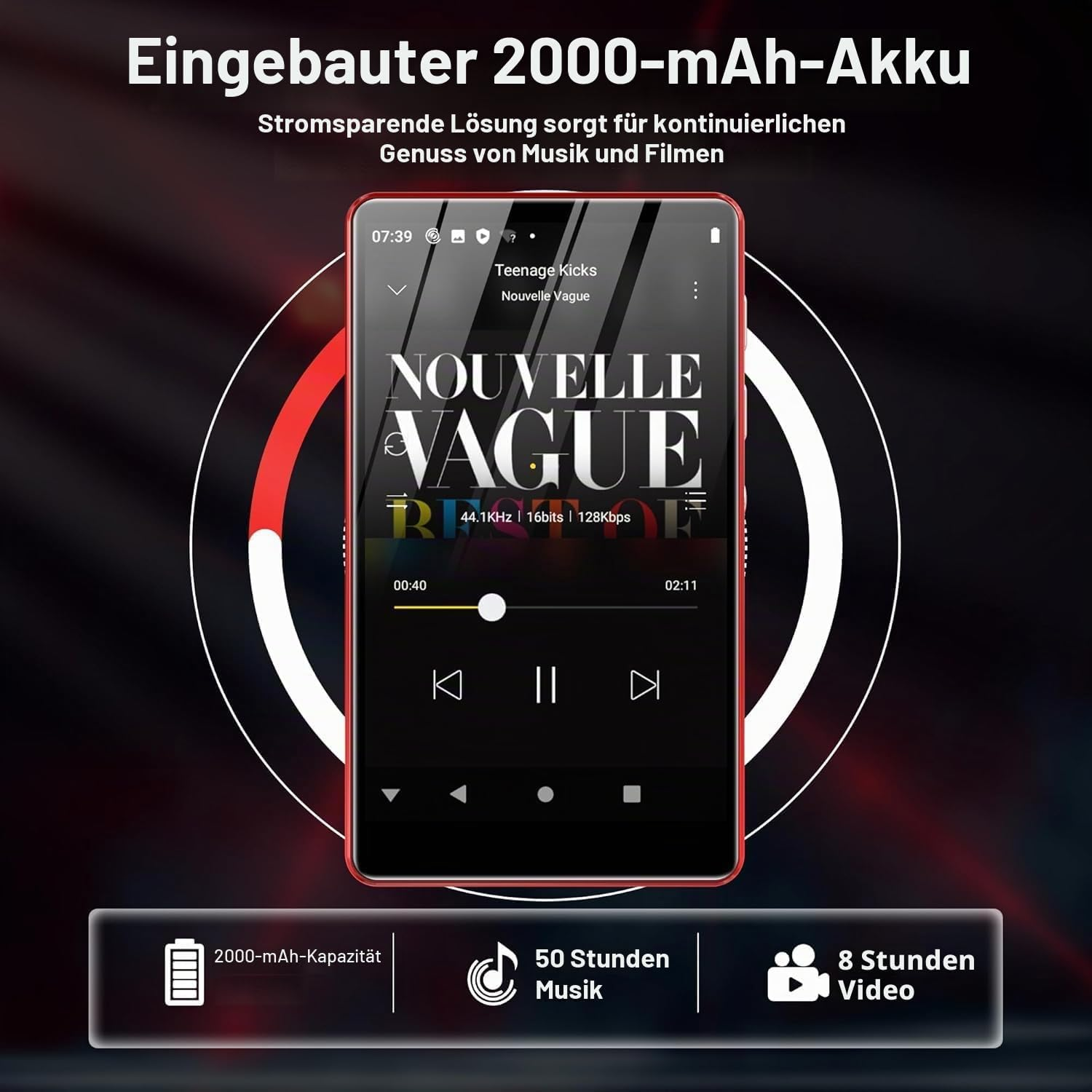 Roter MP3-Player mit Musik-App-Display und Text über 2000-mAh-Akku.