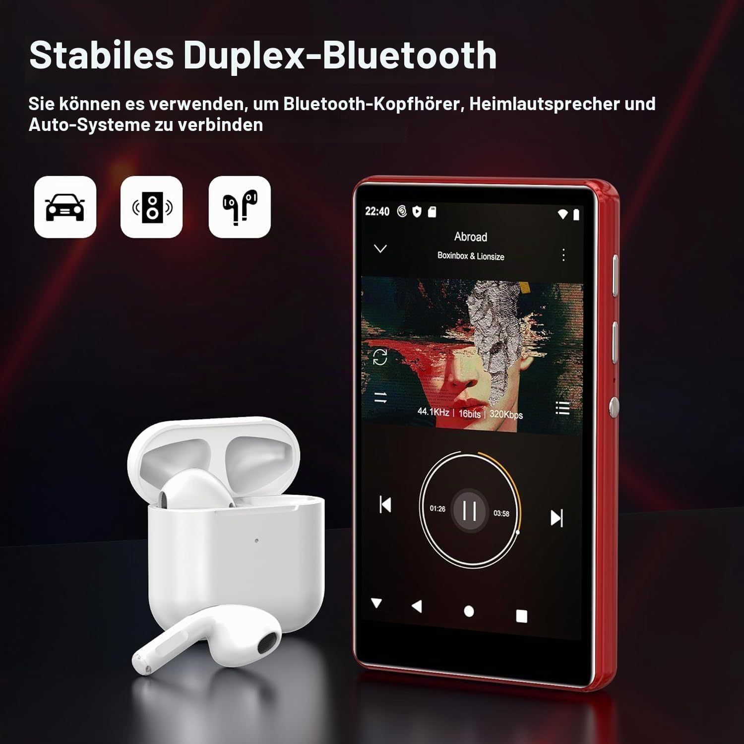 Ein roter MP3-Player und weiße kabellose Ohrhörer in einer Ladeschale vor dunklem Hintergrund.