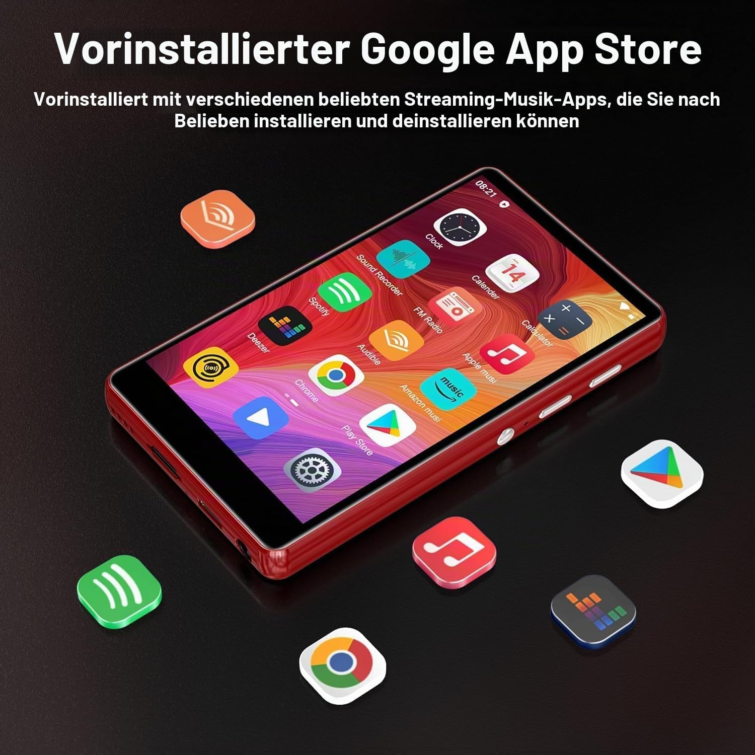 Ein rotes digitales Gerät mit App-Symbolen, umgeben von schwebenden App-Symbolen auf dunklem Hintergrund.
