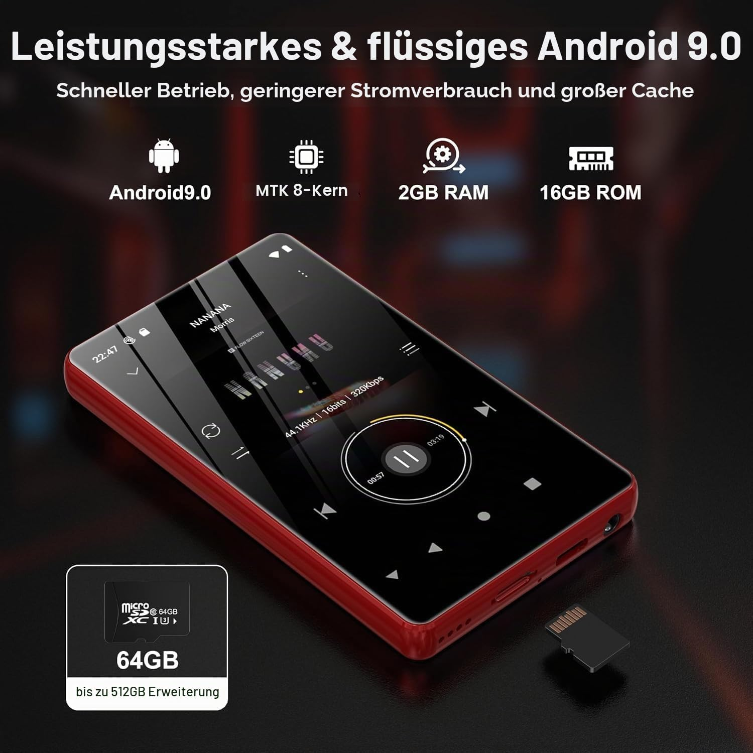 Roter MP3-Player mit Android 9.0, Musik-App, 2GB RAM, 16GB ROM und microSD-Karteneinschub.