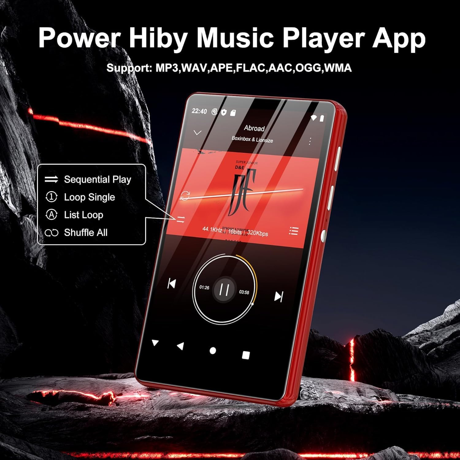 Ein roter digitaler Musikplayer mit Wiedergabesteuerung und Songinformationen vor dunklem Felsen.