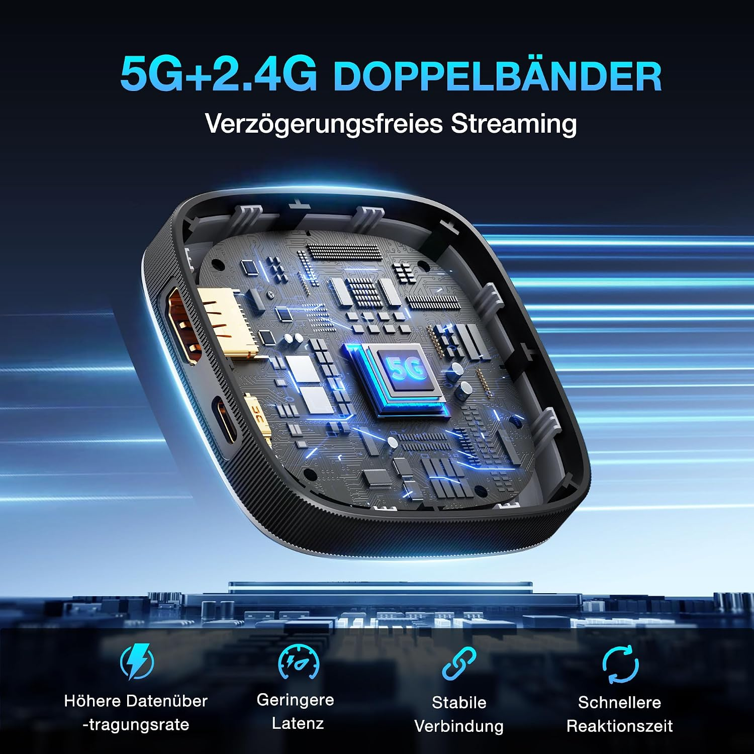 Ein offenes schwarzes Gerät zeigt die Leiterplatte mit einem 5G-Chip und blauen Lichteffekten im Hintergrund.