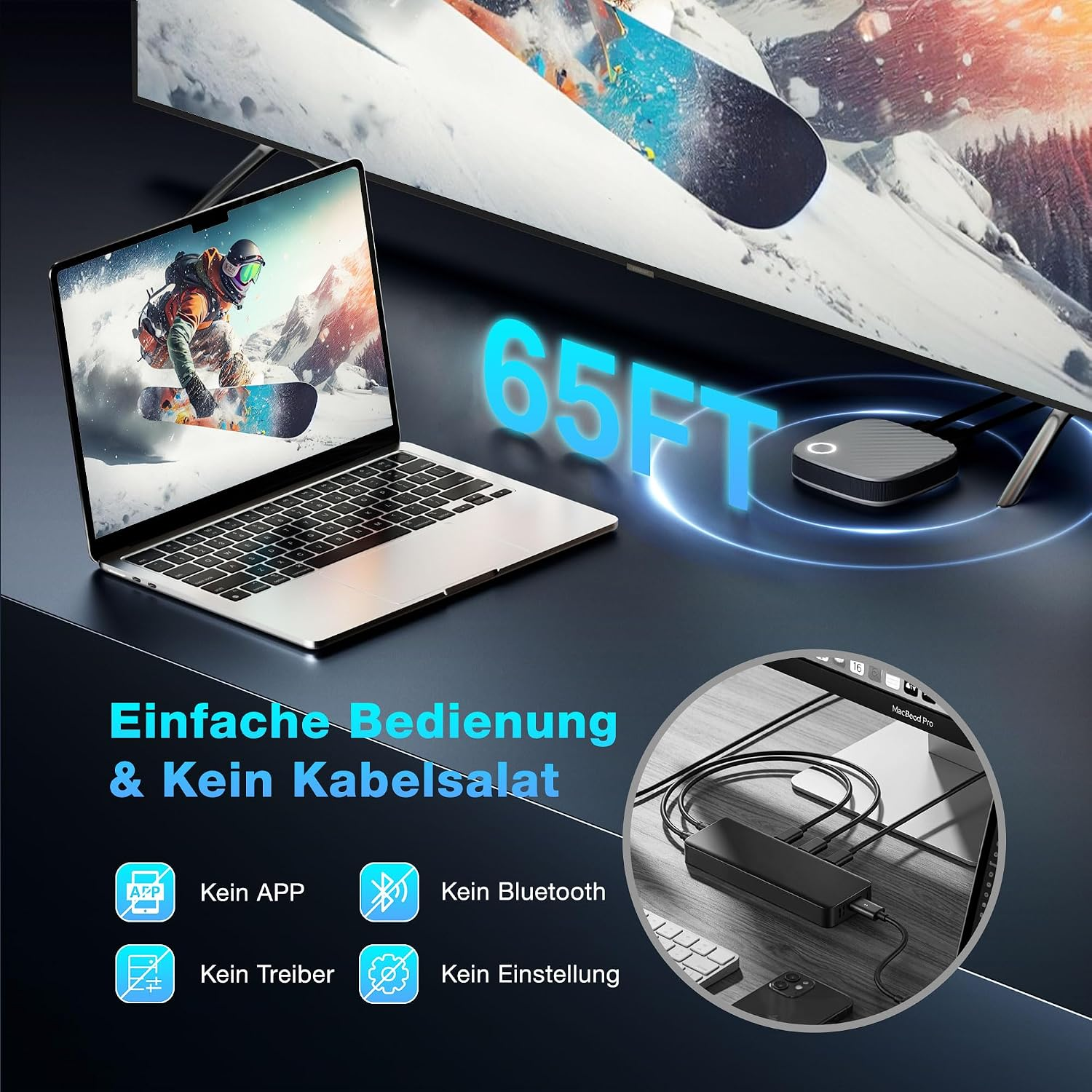 Laptop, TV und eine kleine Box auf einem Tisch mit deutscher Beschriftung zu kabelloser Verbindung.