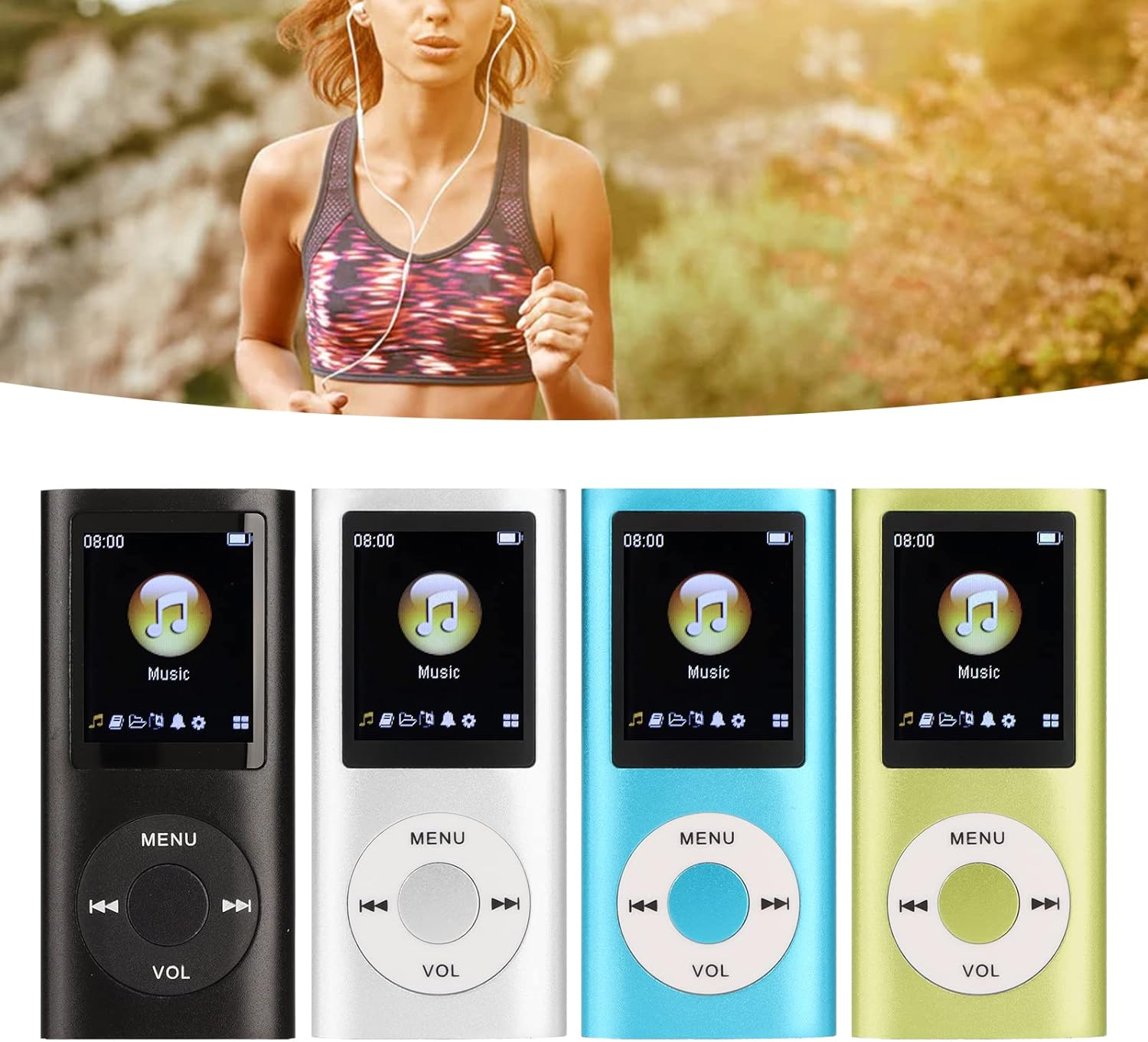 Eine Frau joggt im Hintergrund, darunter sind vier MP3-Player in Schwarz, Silber, Blau und Hellgrün abgebildet.