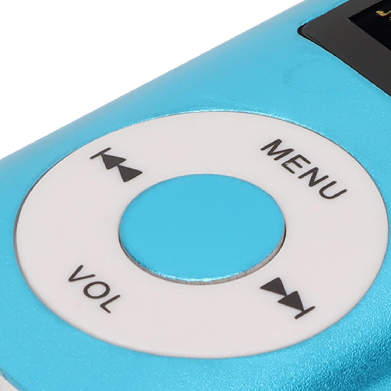 Nahaufnahme eines blauen MP3-Players mit weißem Steuerkreuz und Tasten für Menü, Lautstärke und Vor/Zurück.