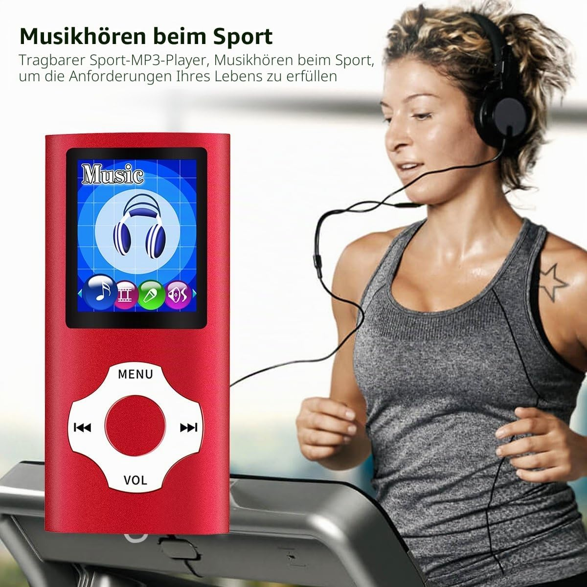 Eine Frau läuft auf einem Laufband und hört Musik mit Kopfhörern. Links ist ein roter MP3-Player abgebildet.