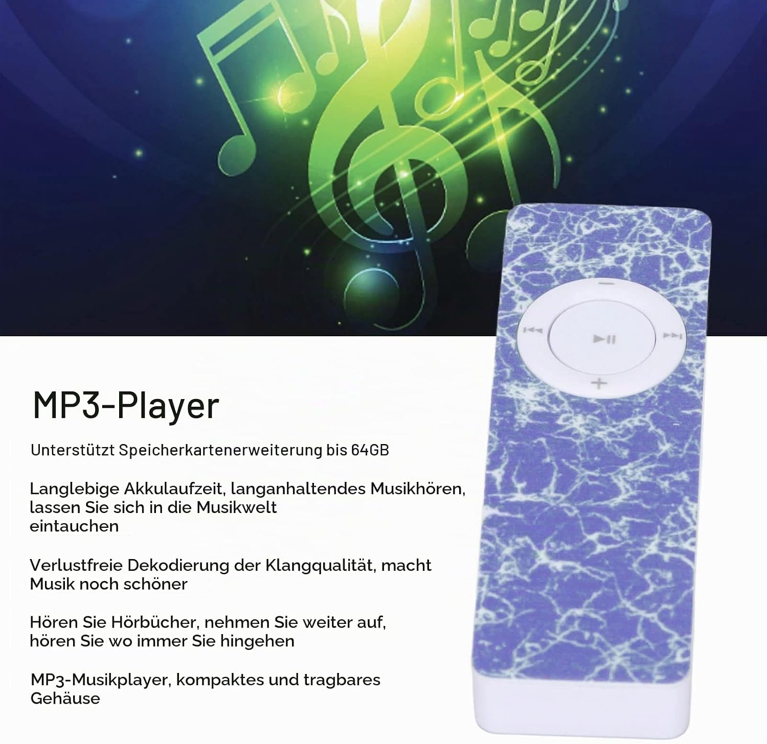Ein lila marmorierter MP3-Player ist rechts abgebildet, mit deutschen Textbeschreibungen links vor Musik-Hintergrund.