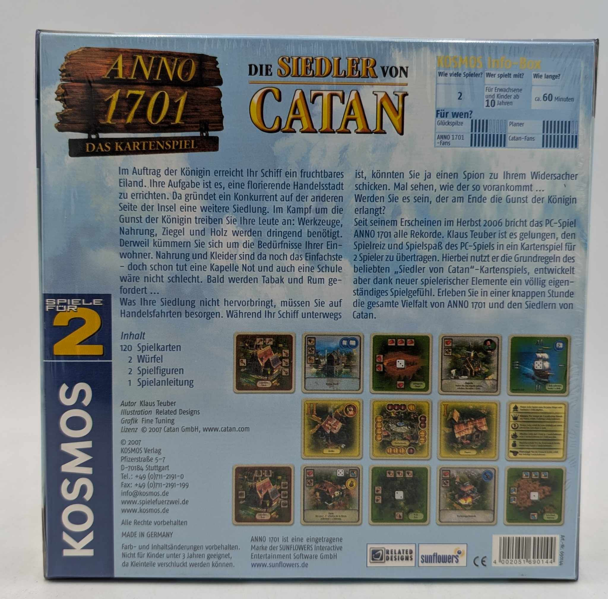 Rückseite der Brettspielverpackung von Anno 1701: Die Siedler von Catan, inklusive Text, Karten und Infos.