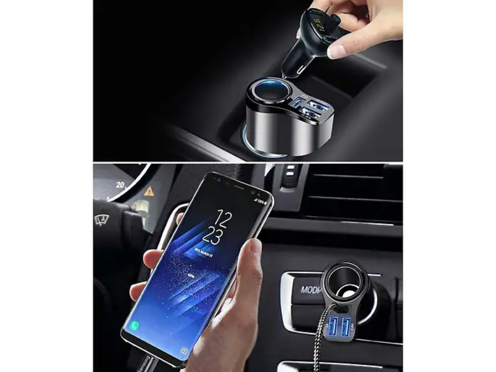Hand hält einen USB-Autoladegerät über dem Zigarettenanzünder, darunter ein Smartphone im Auto.