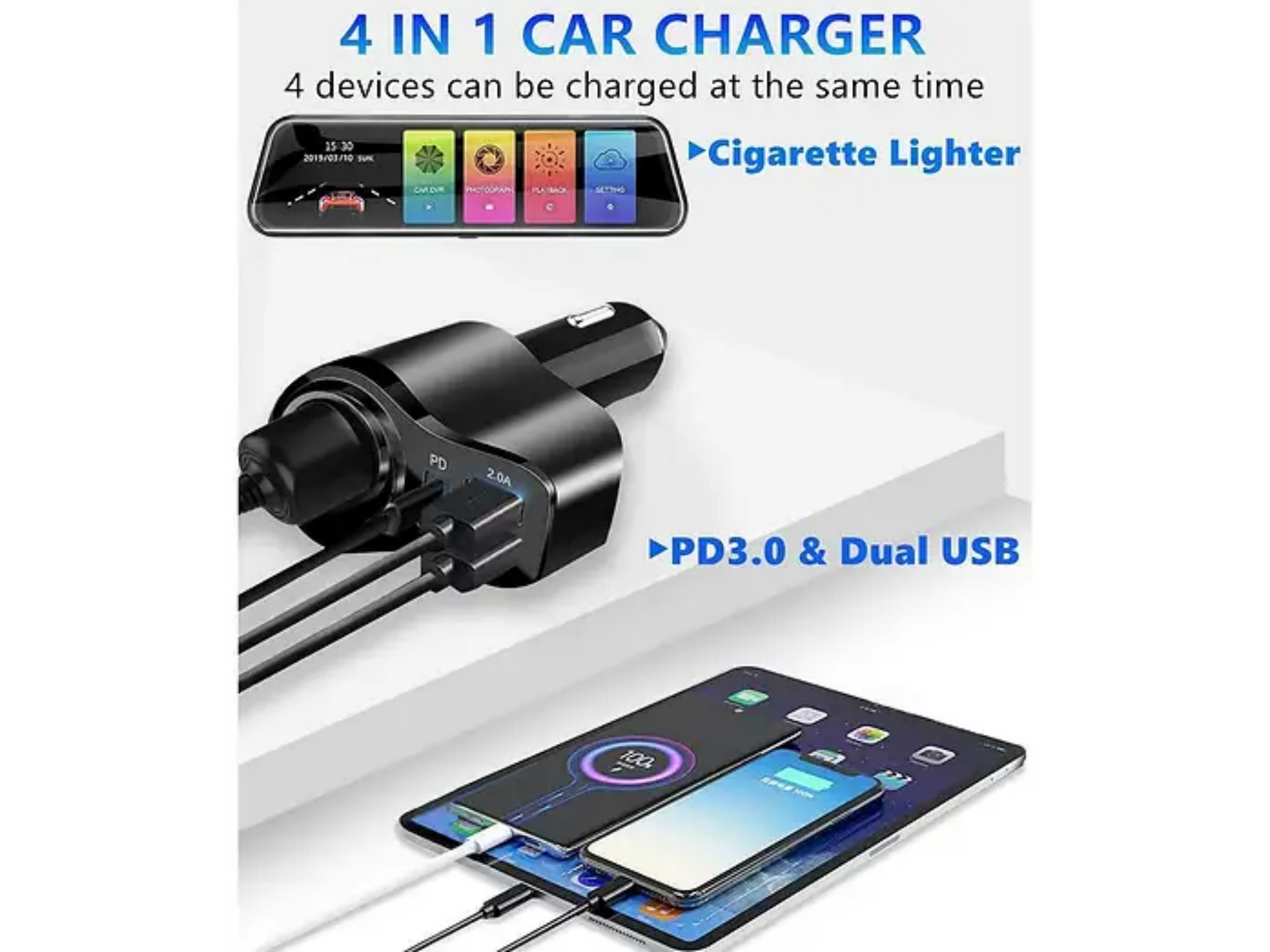 4-in-1-Autoladegerät mit Zigarettenanzünder, PD3.0 und zwei USB-Anschlüssen zum Laden von Tablet und Telefon.