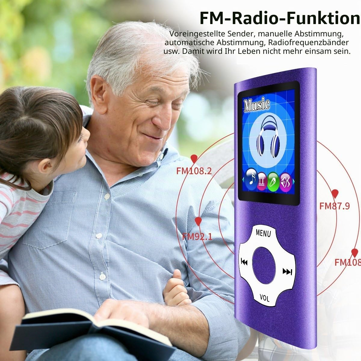Ein älterer Mann liest mit einem Kind ein Buch, daneben ist ein violetter MP3-Player mit UKW-Radio eingeblendet.