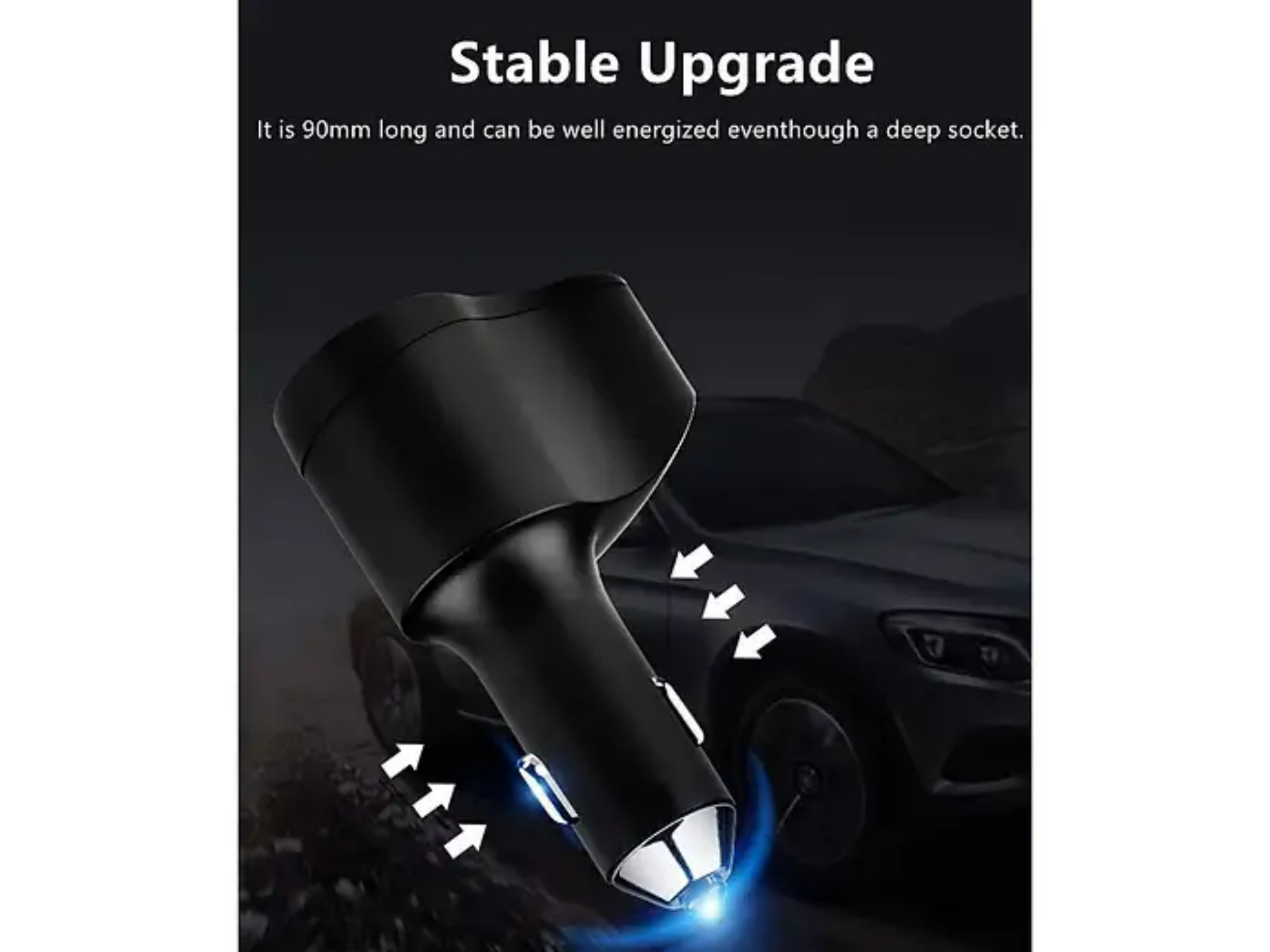 Ein schwarzes Autoladegerät mit blauer LED-Leuchte vor einem Autohintergrund.