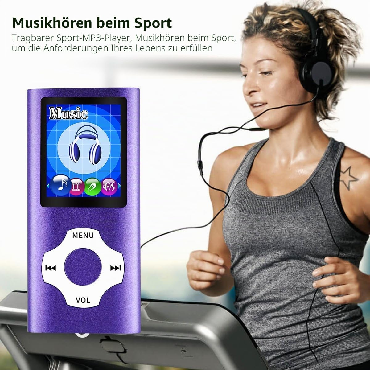 Frau läuft auf dem Laufband mit Kopfhörern, daneben ein lila MP3-Player.