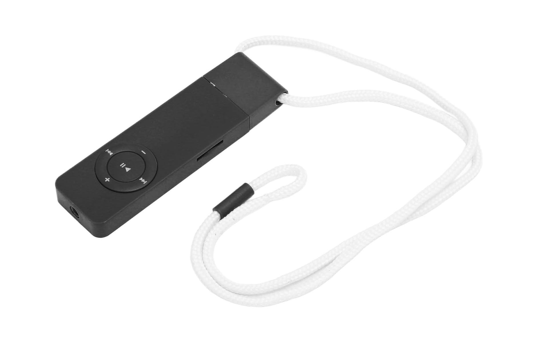 Schwarzer MP3-Player mit runden Steuertasten und einer weißen Umhängekordel auf weißem Hintergrund.