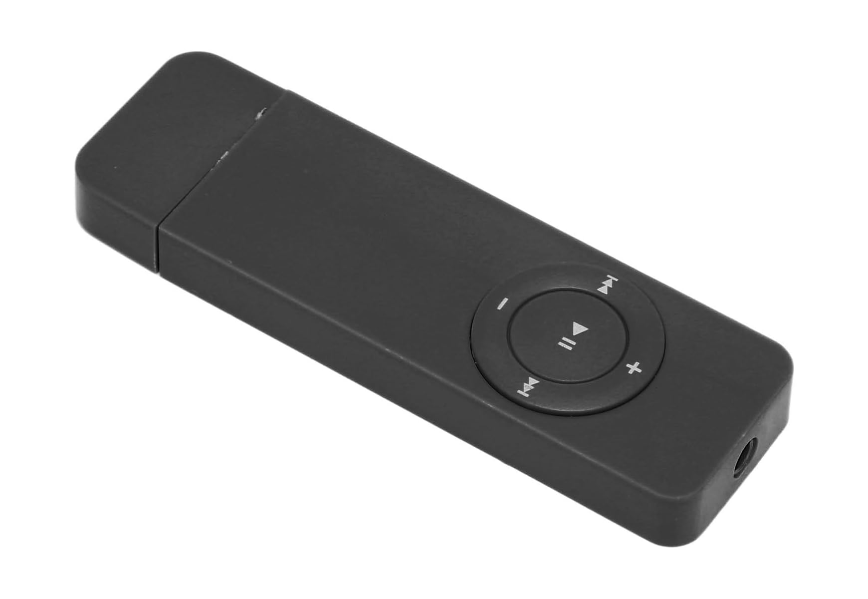 Ein länglicher, schwarzer MP3-Player mit runden Steuertasten auf weißem Hintergrund.