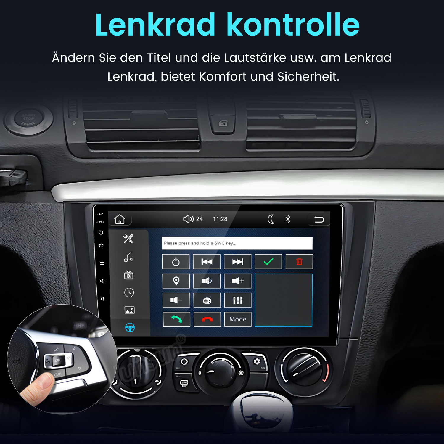 Autoinnenraum mit Touchscreen und Zoom auf Lenkradtasten.