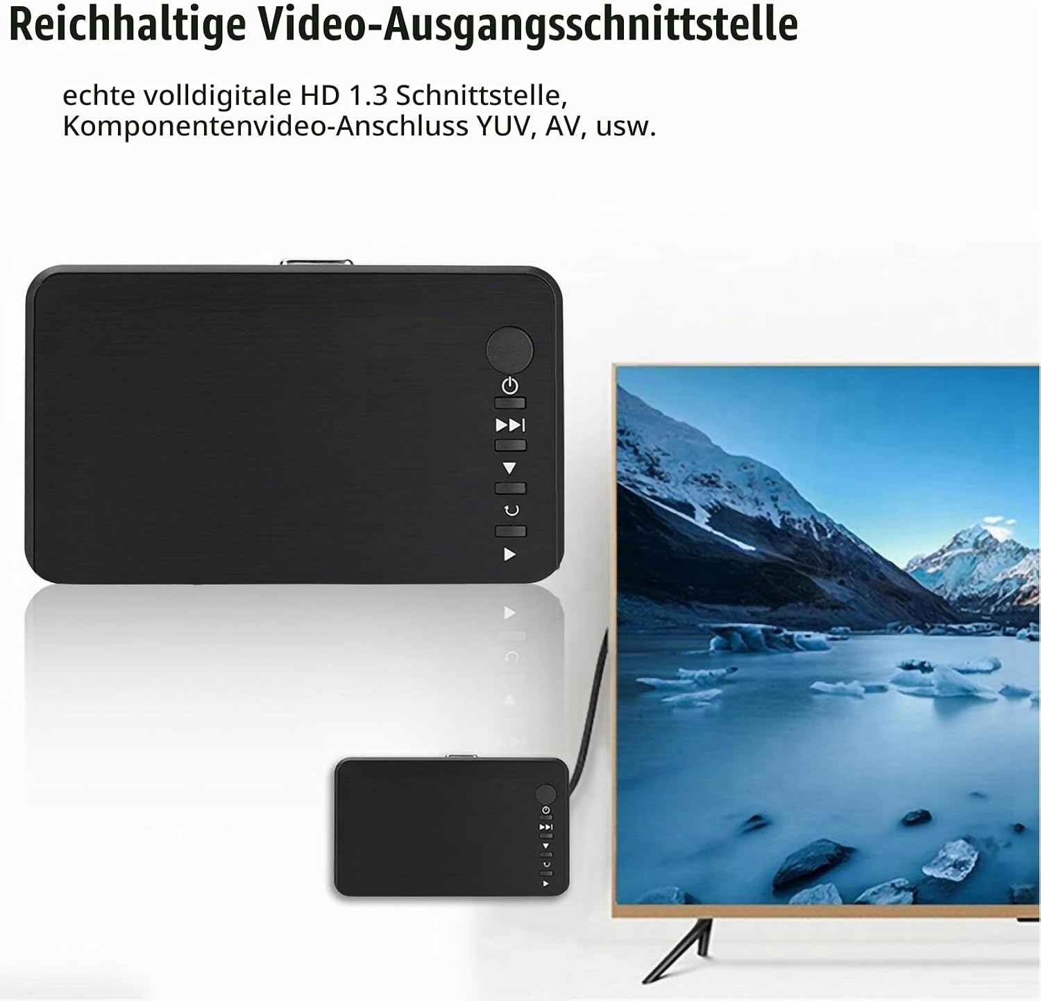 Ein schwarzer Mediaplayer ist mit einem Fernseher verbunden, der eine Schneelandschaft zeigt, mit deutschem Text.