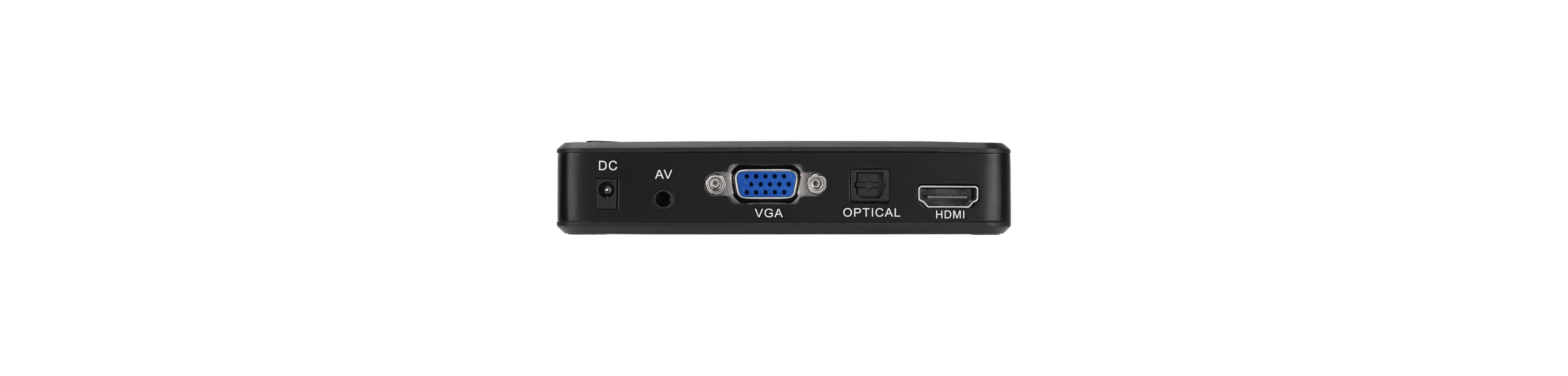 Rückseite eines schwarzen elektronischen Geräts mit DC-, AV-, VGA-, Optical- und HDMI-Anschlüssen.