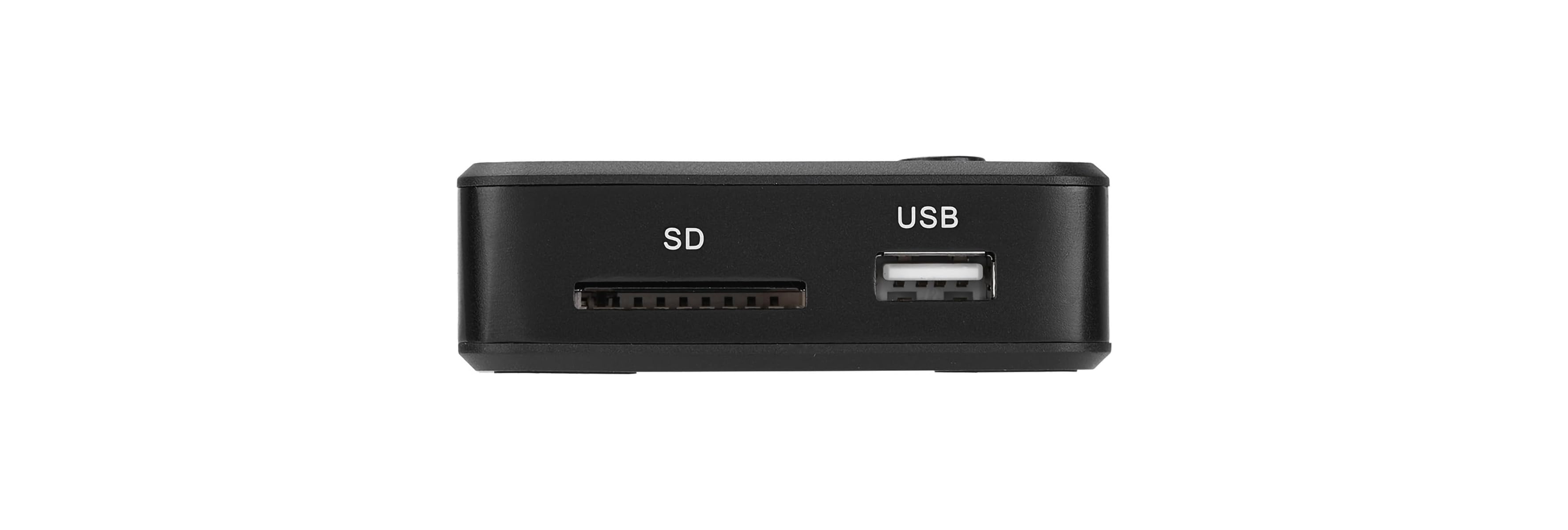 Ein schwarzes Gerät mit einem SD-Kartensteckplatz und einem USB-Anschluss auf der Vorderseite.