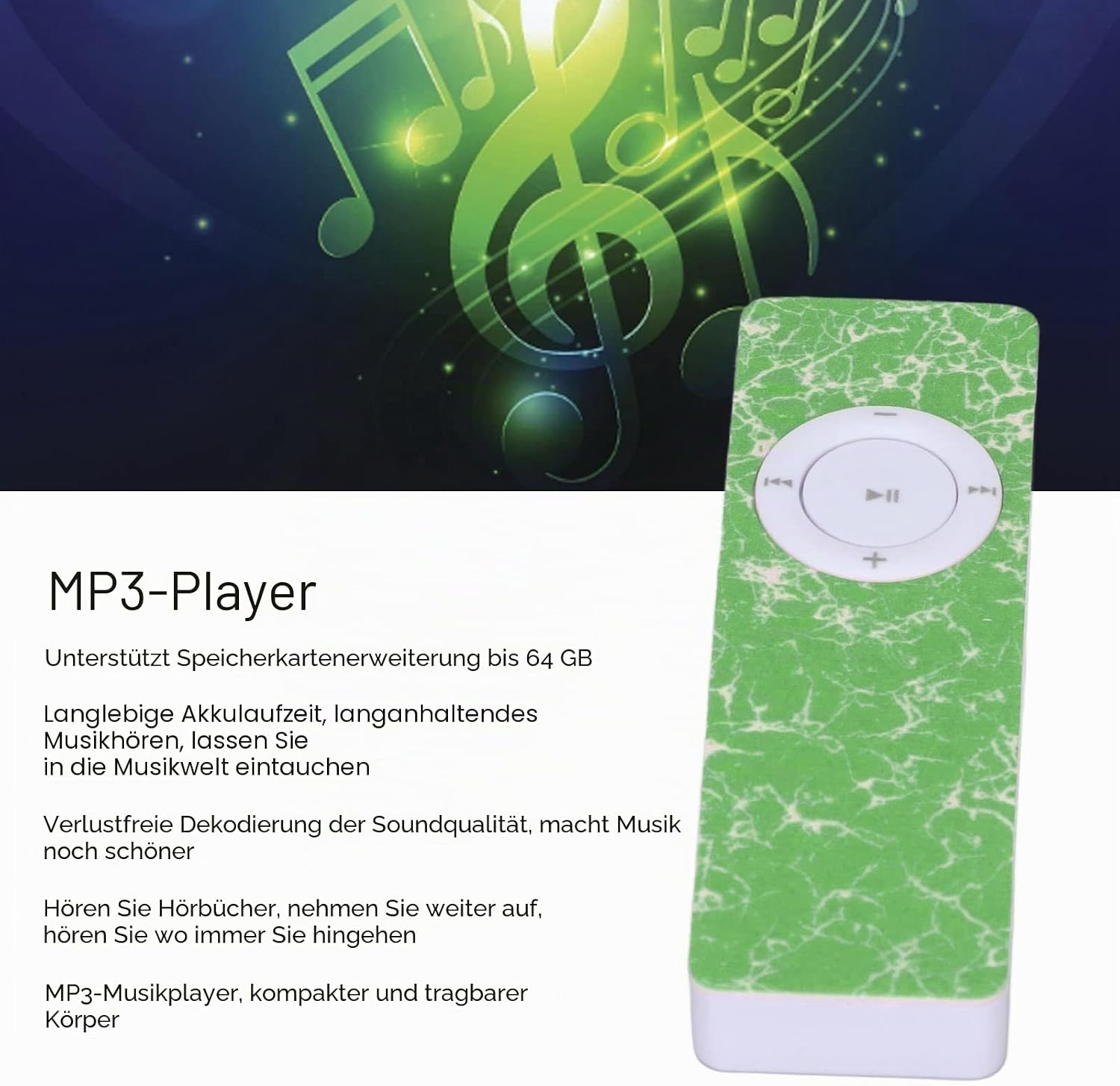 Grüner MP3-Player mit weißem Steuerungsrad und deutscher Produktbeschreibung auf weißem Hintergrund.