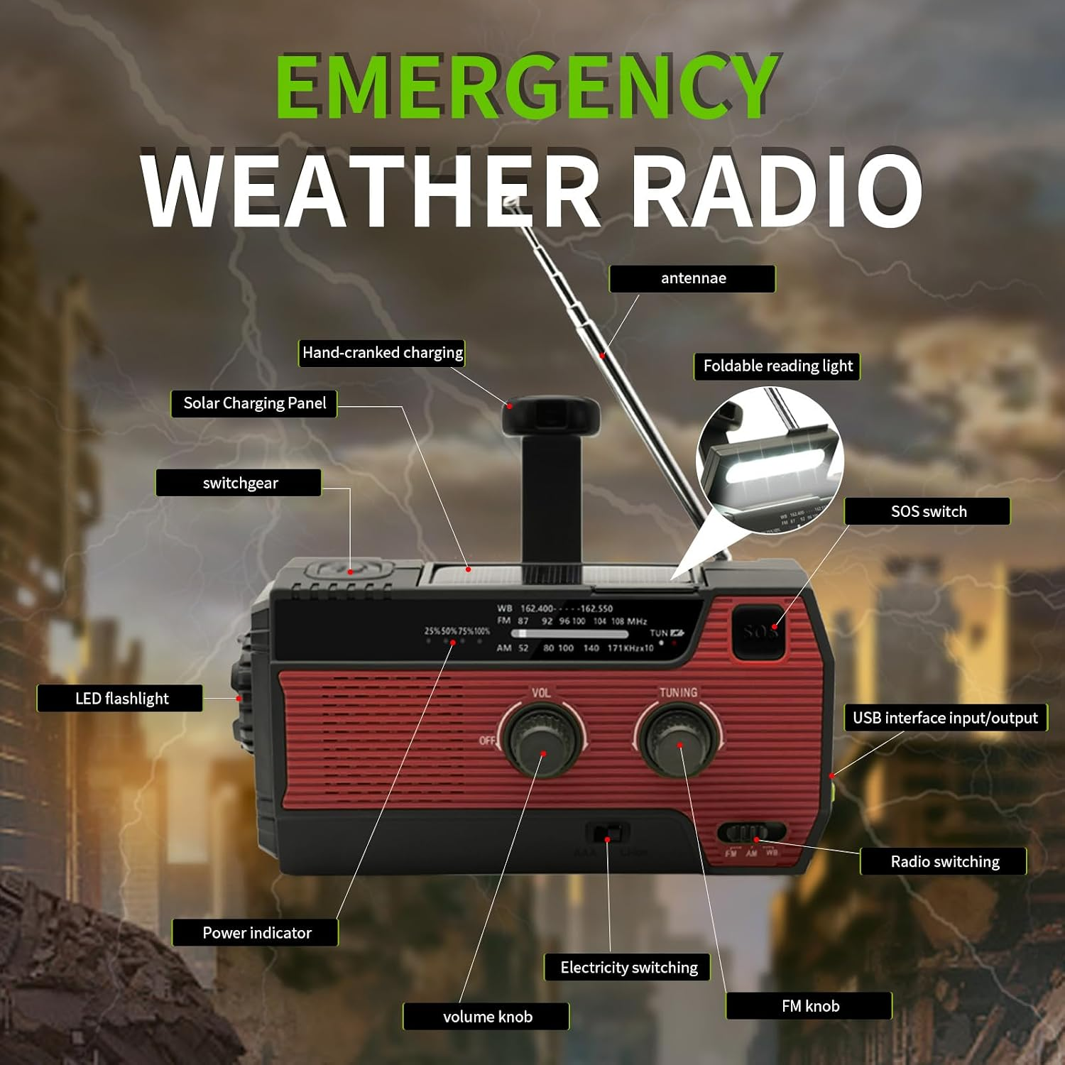 Notfallwetterradio mit beschrifteten Funktionen wie Solarpanel, Handkurbel und Lautstärkeregler.